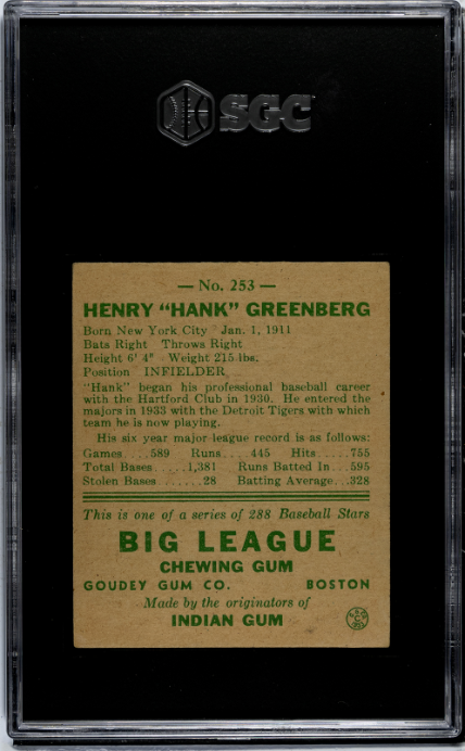 1938 Goudey Heads Up #253 Hank Greenberg SGC 1 Incredible Eye Appeal