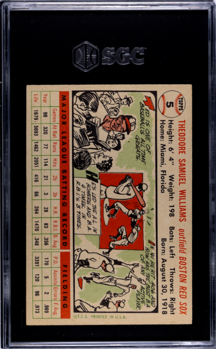 1956 Topps #5 Ted Williams White Back SGC 6.5 EX-NM Nice Eye Appeal