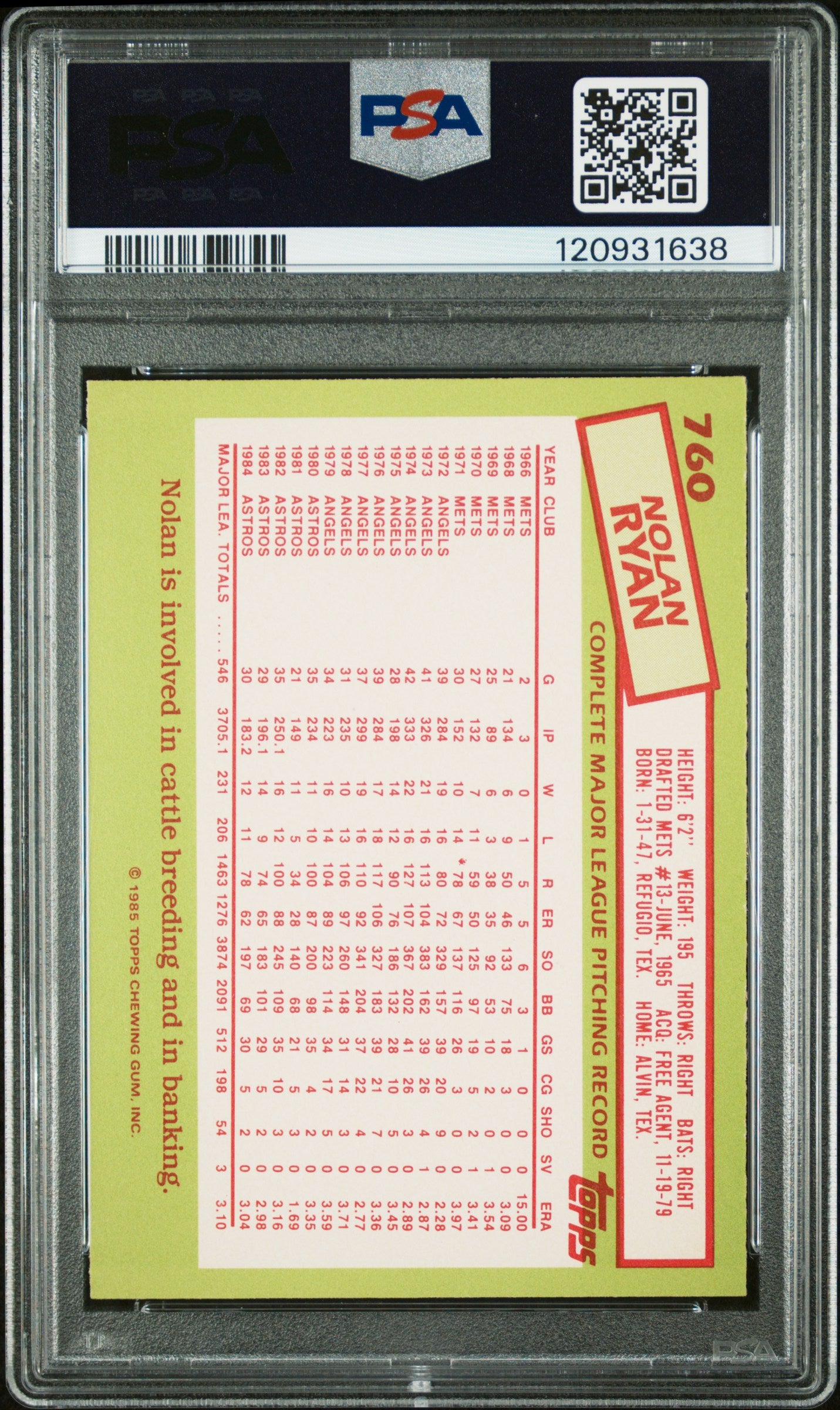 1985 Topps TIFFANY #760 Nolan Ryan PSA 7 / 9 AUTO Autograph