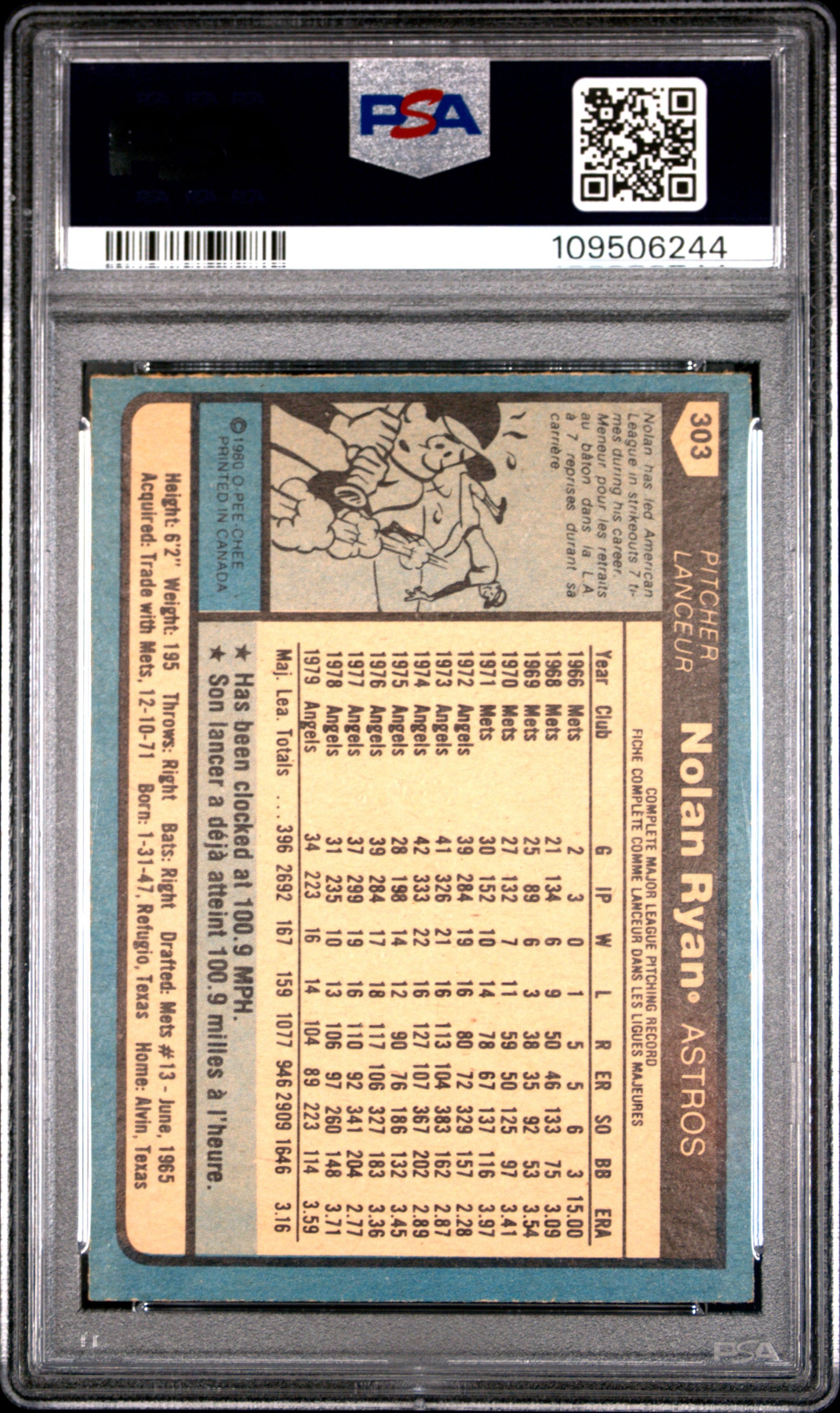 1980 O-Pee-Chee #303 Nolan Ryan PSA 7 NM New Label