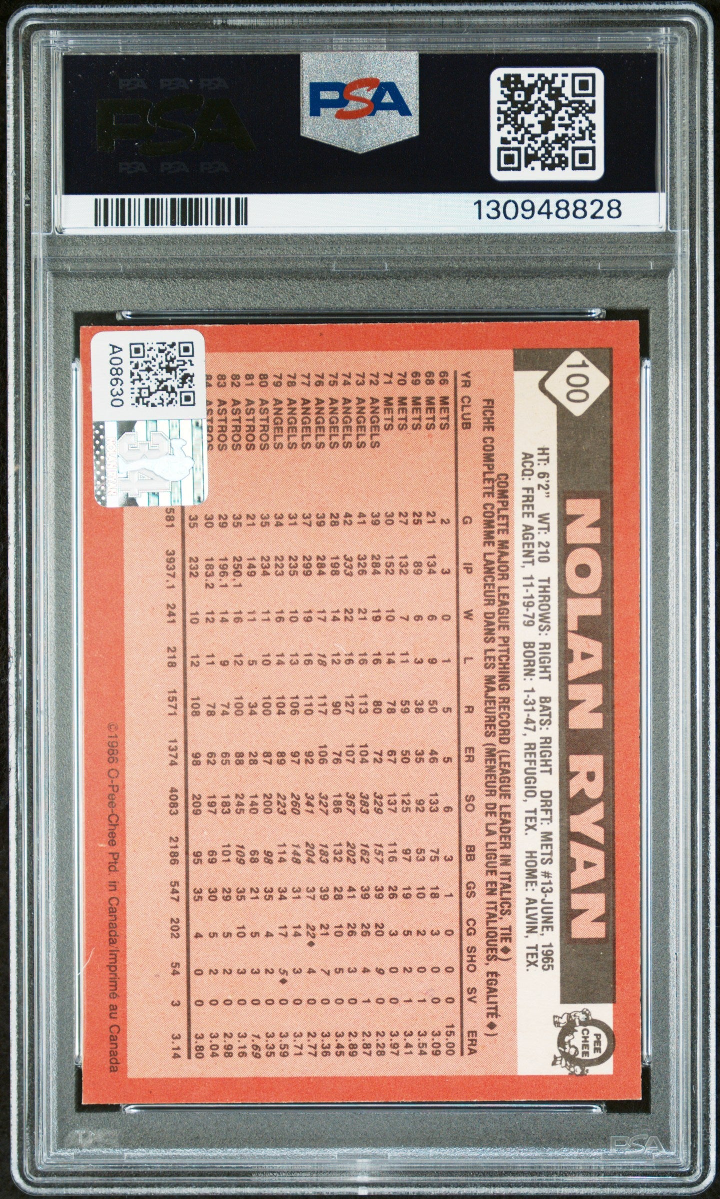 1986 O-Pee-Chee #100 Nolan Ryan PSA 7 / 10 AUTO Autograph