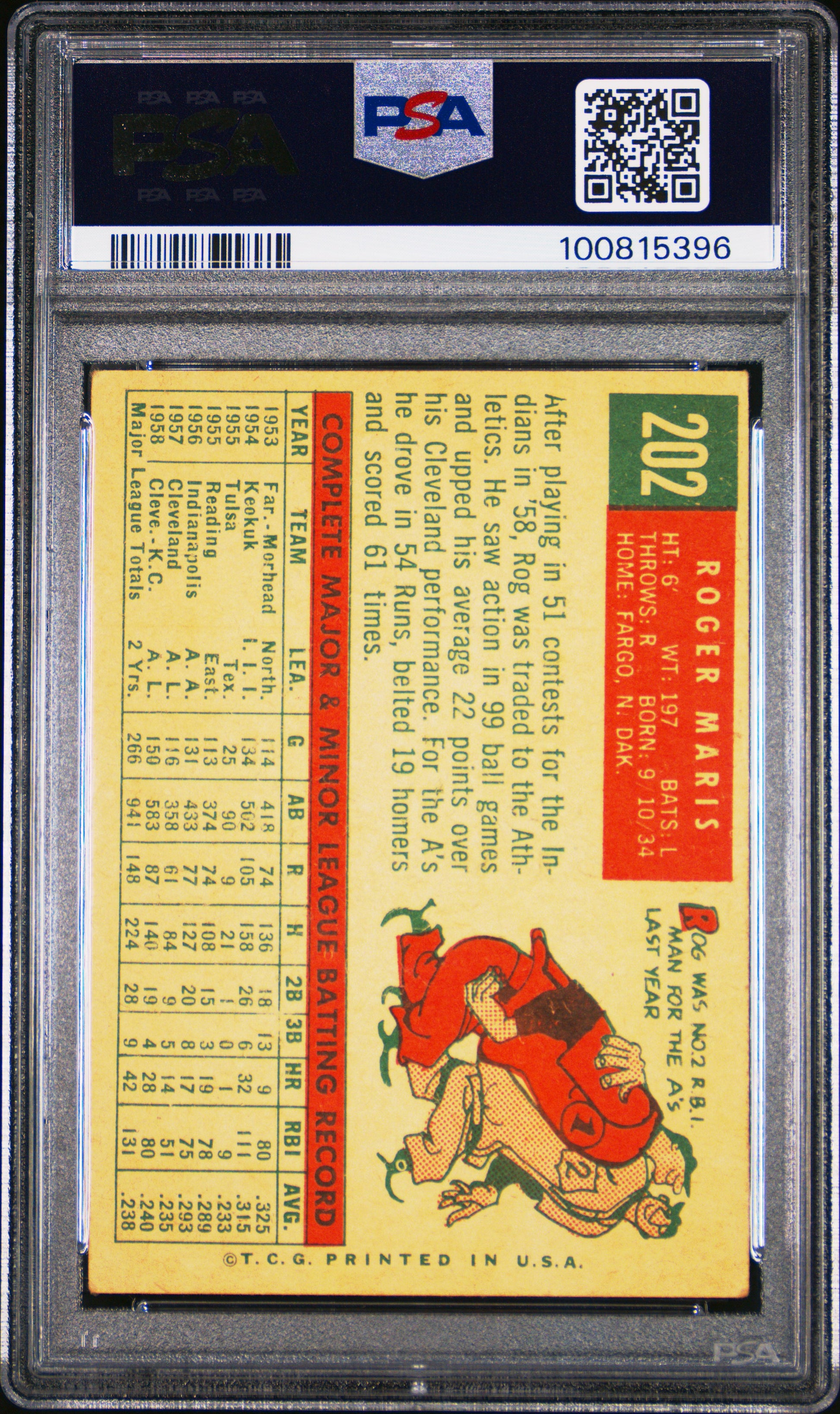 1959 Topps #202 Roger Maris Gray Back PSA 4 VG-EX New Label