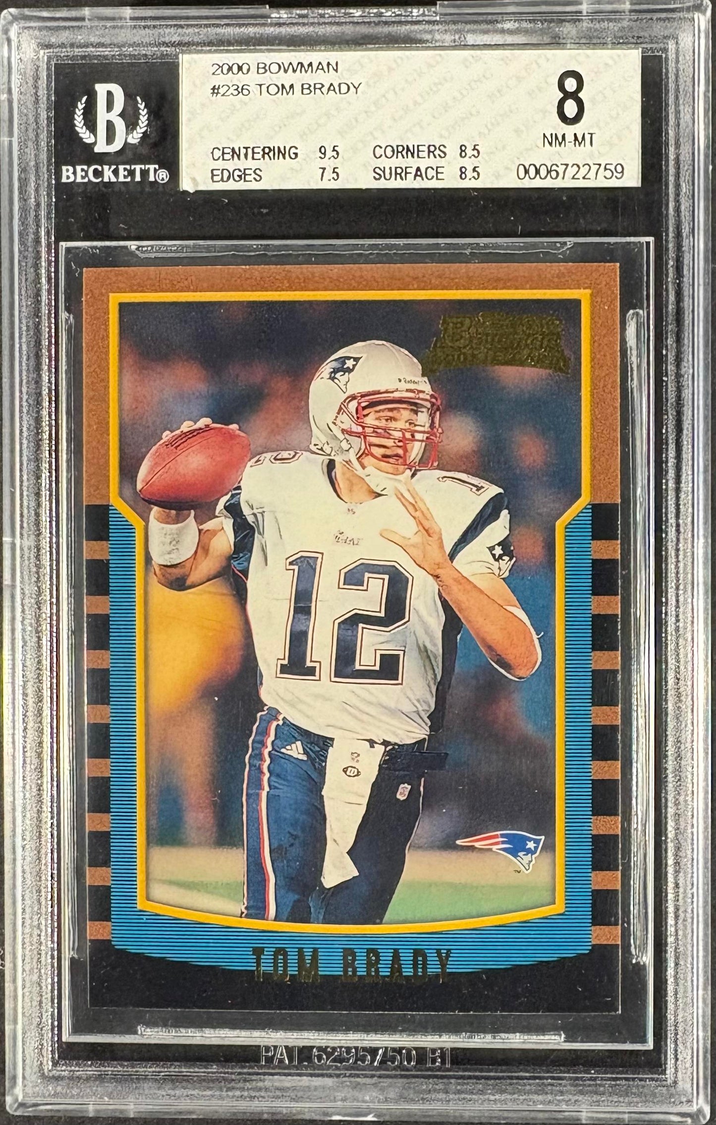 2000 Bowman #236 Tom Brady RC Rookie BGS 8 Well Centered
