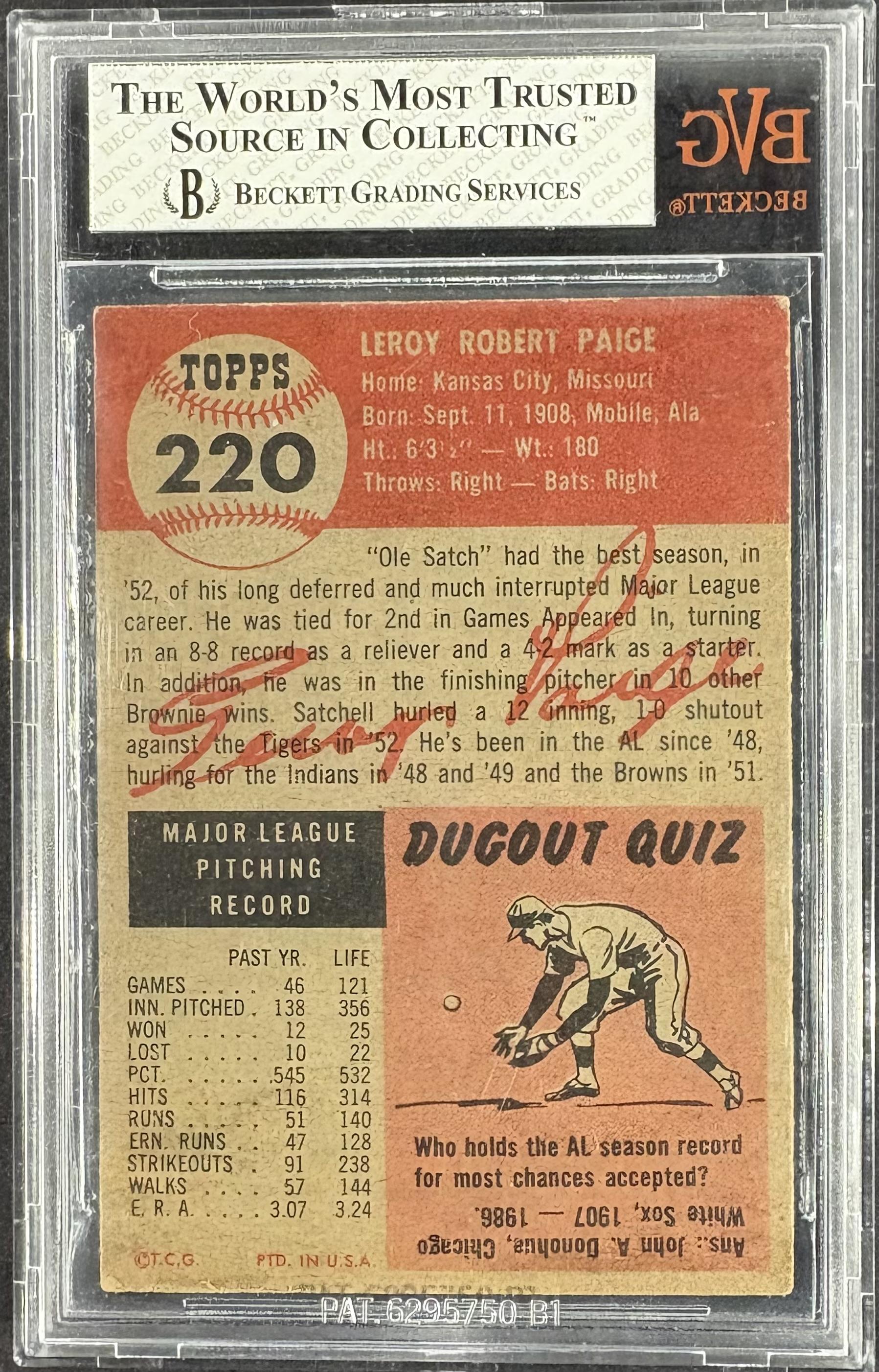 1953 Topps #220 Satchell Satchel Paige BVG 2.5 GD+ Nice Eye Appeal