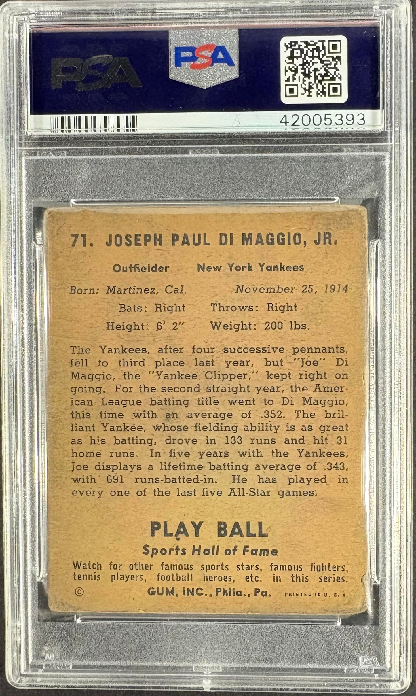 1941 Play Ball #71 Joe DiMaggio PSA 2 mk Nice Color New Label