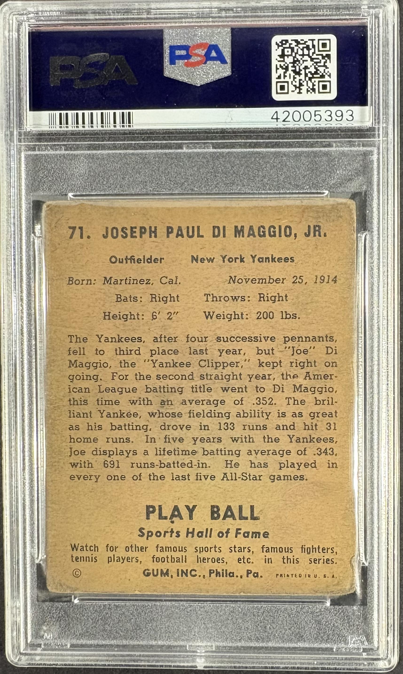 1941 Play Ball #71 Joe DiMaggio PSA 2 mk Nice Color New Label