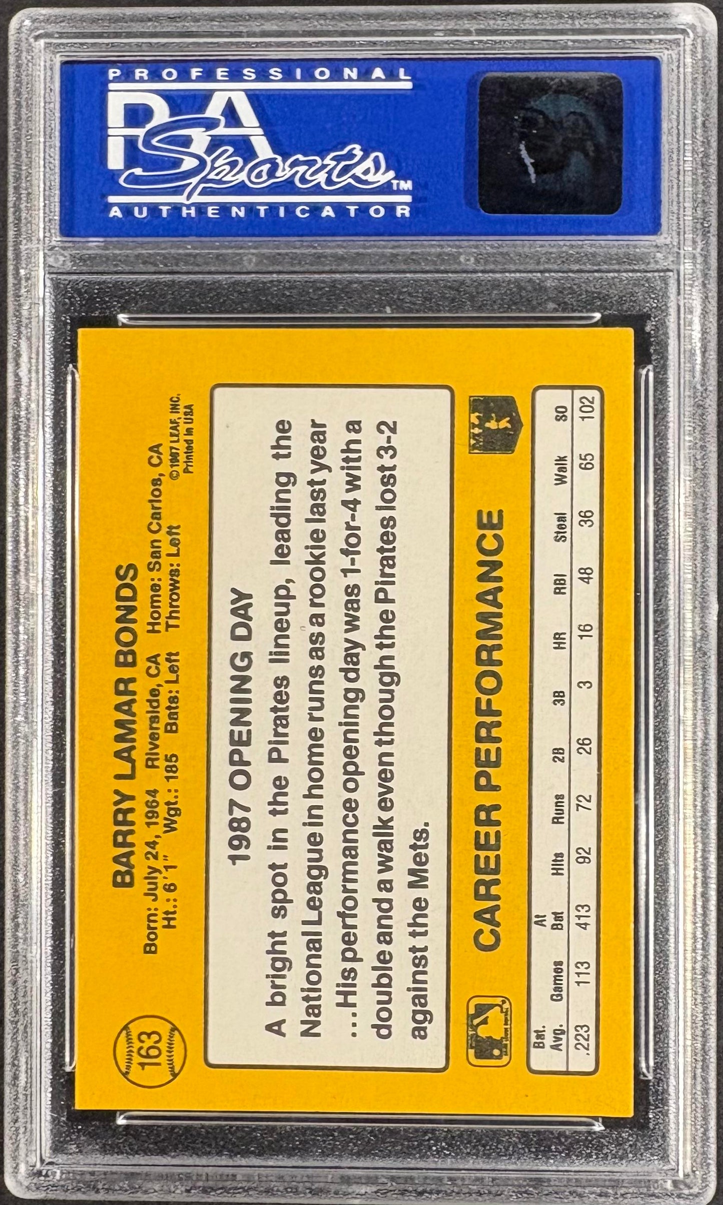 1987 Donruss Opening Day #163 Barry Bonds ERROR Johnny Ray PSA 8 NM-MT