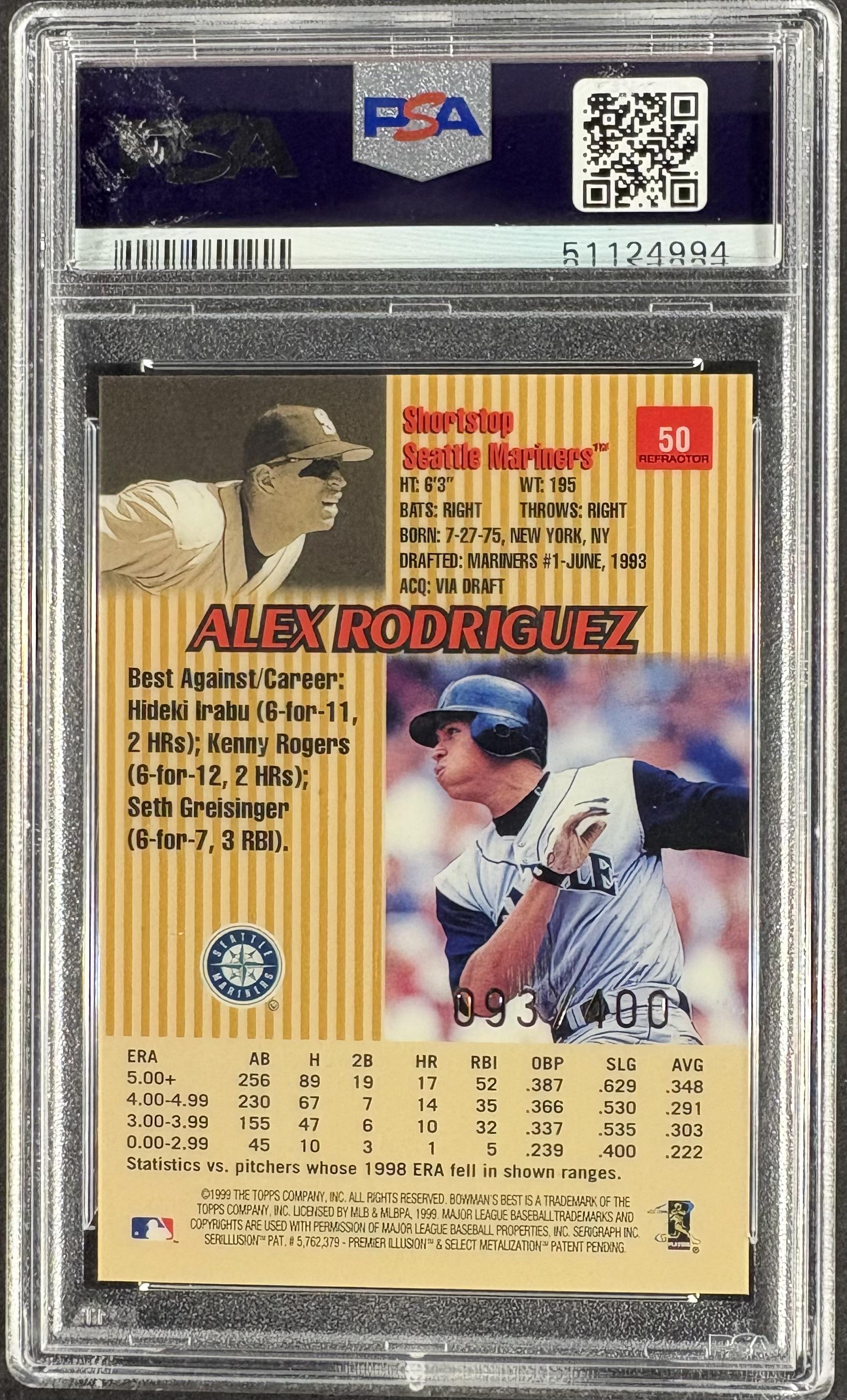 1999 Bowman's Best #50 Alex Rodriguez Refractors PSA 10 #/400