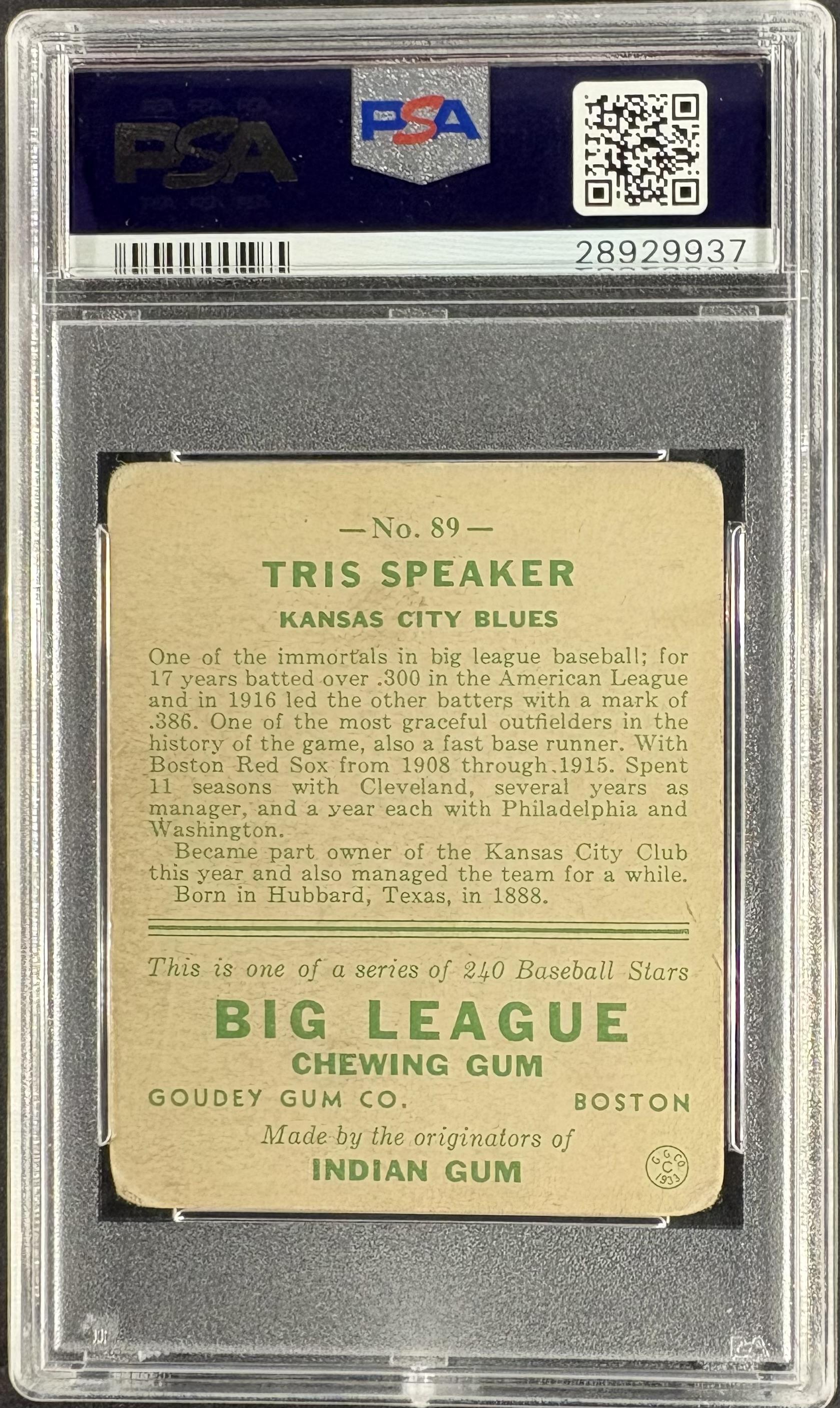 1933 Goudey (R319) #89 Tris Speaker PSA 2.5 GD+ Nice Color New Label