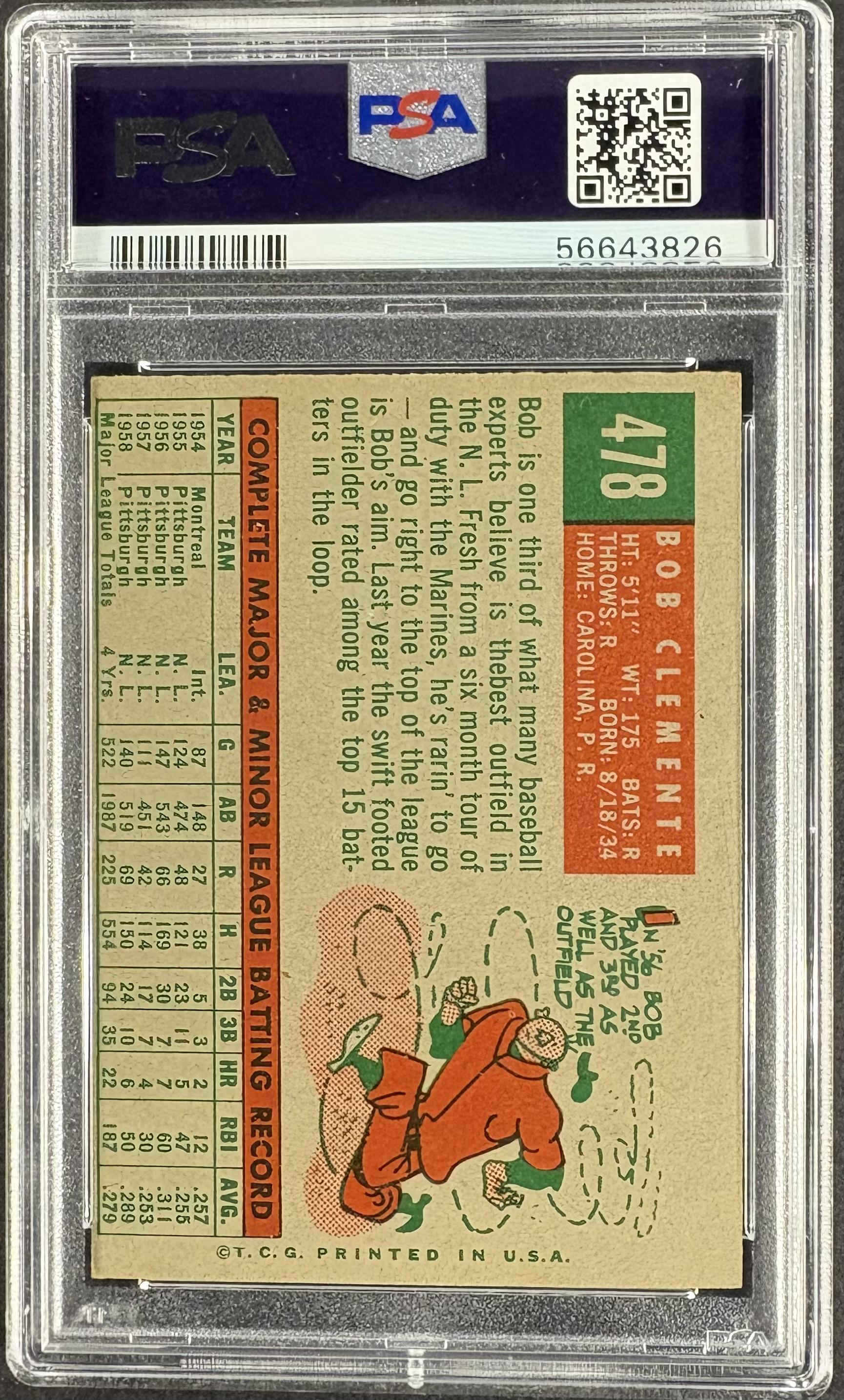 1959 Topps #478 Bob Roberto Clemente PSA 5 EX New Label