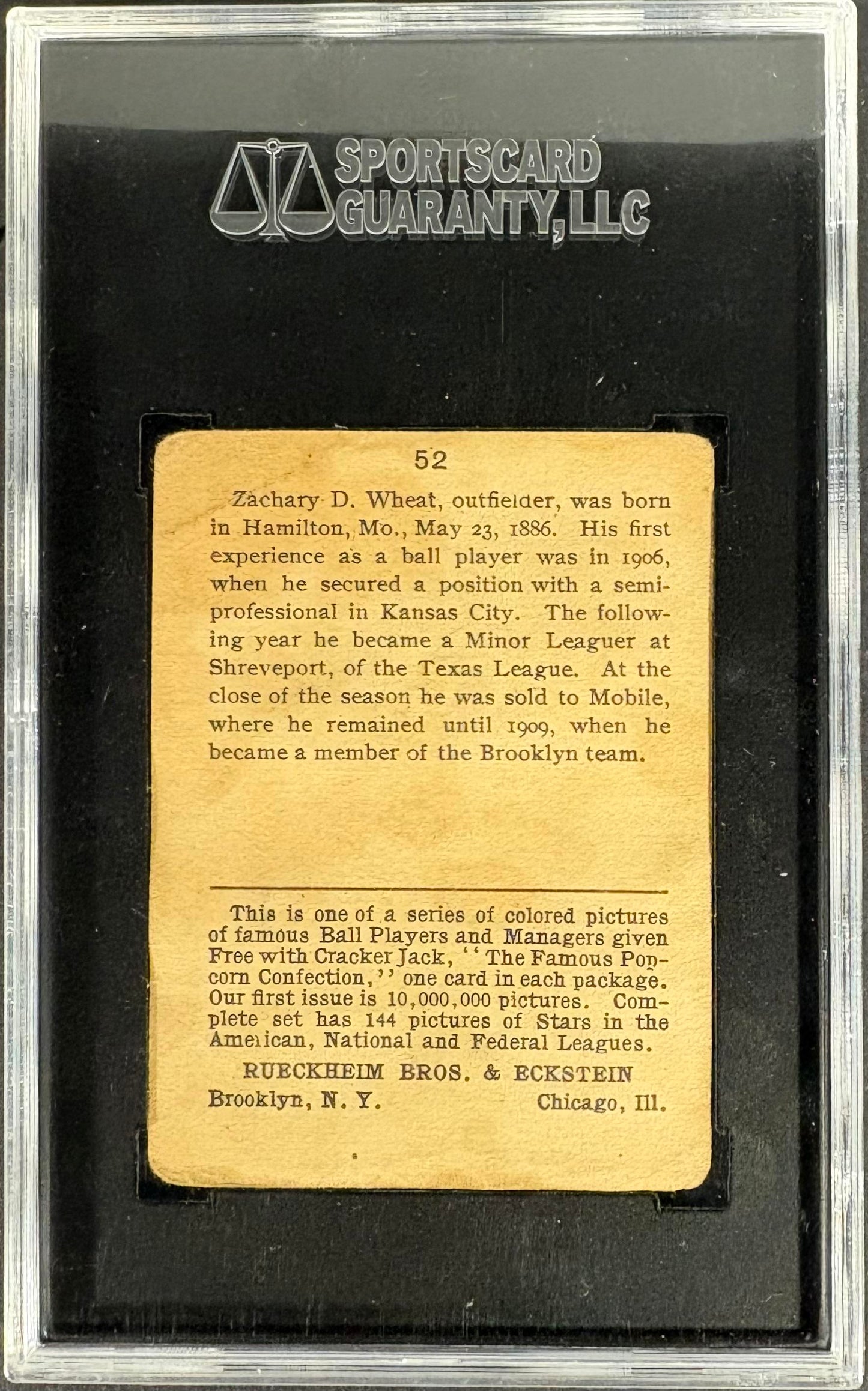 1914 Cracker Jack (E145) #52 Zack Wheat SGC 2 GD Nice Eye Appeal