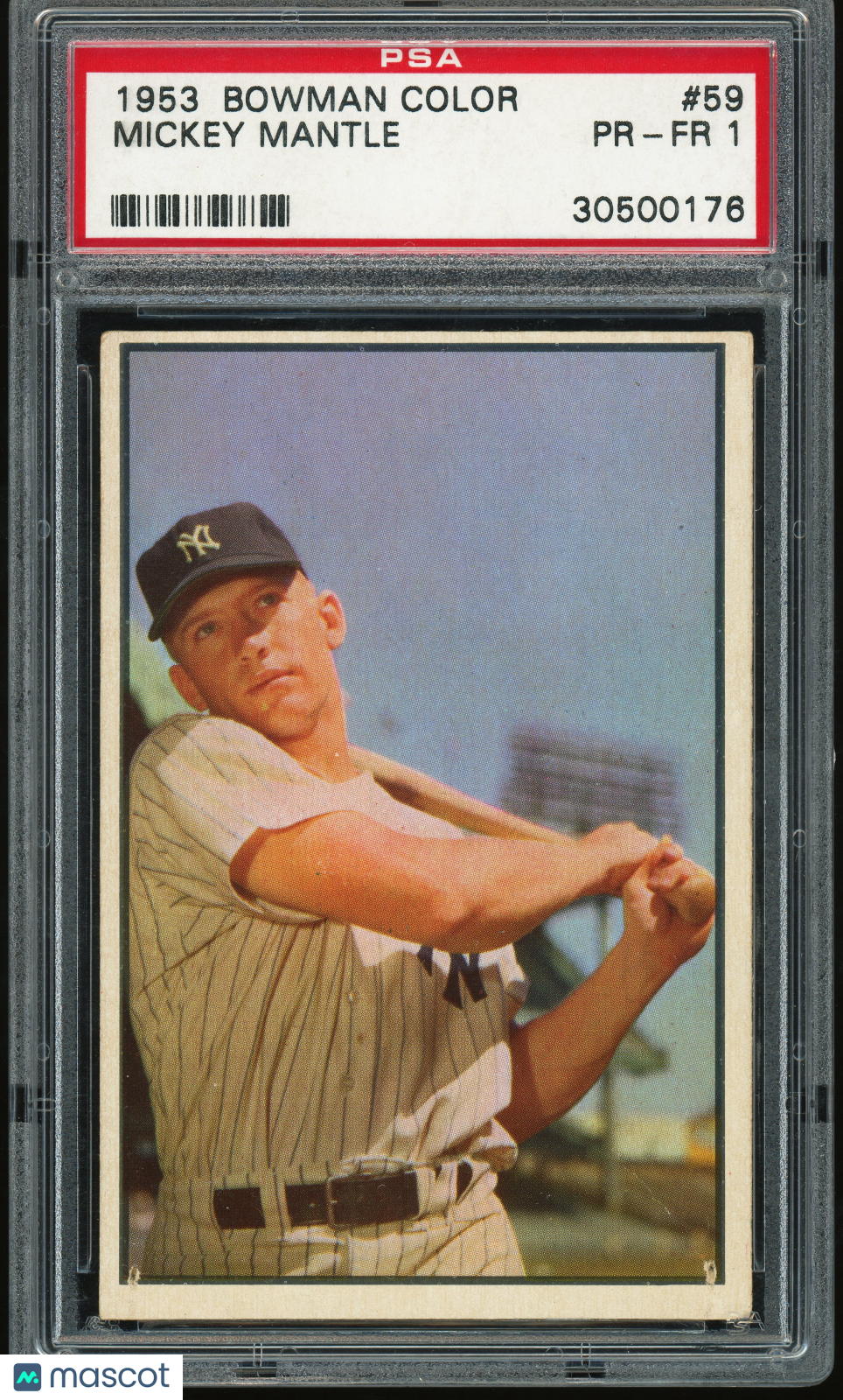 1953 Bowman Color #59 Mickey Mantle PSA 1 Fantastic Eye Appeal (pinhole)