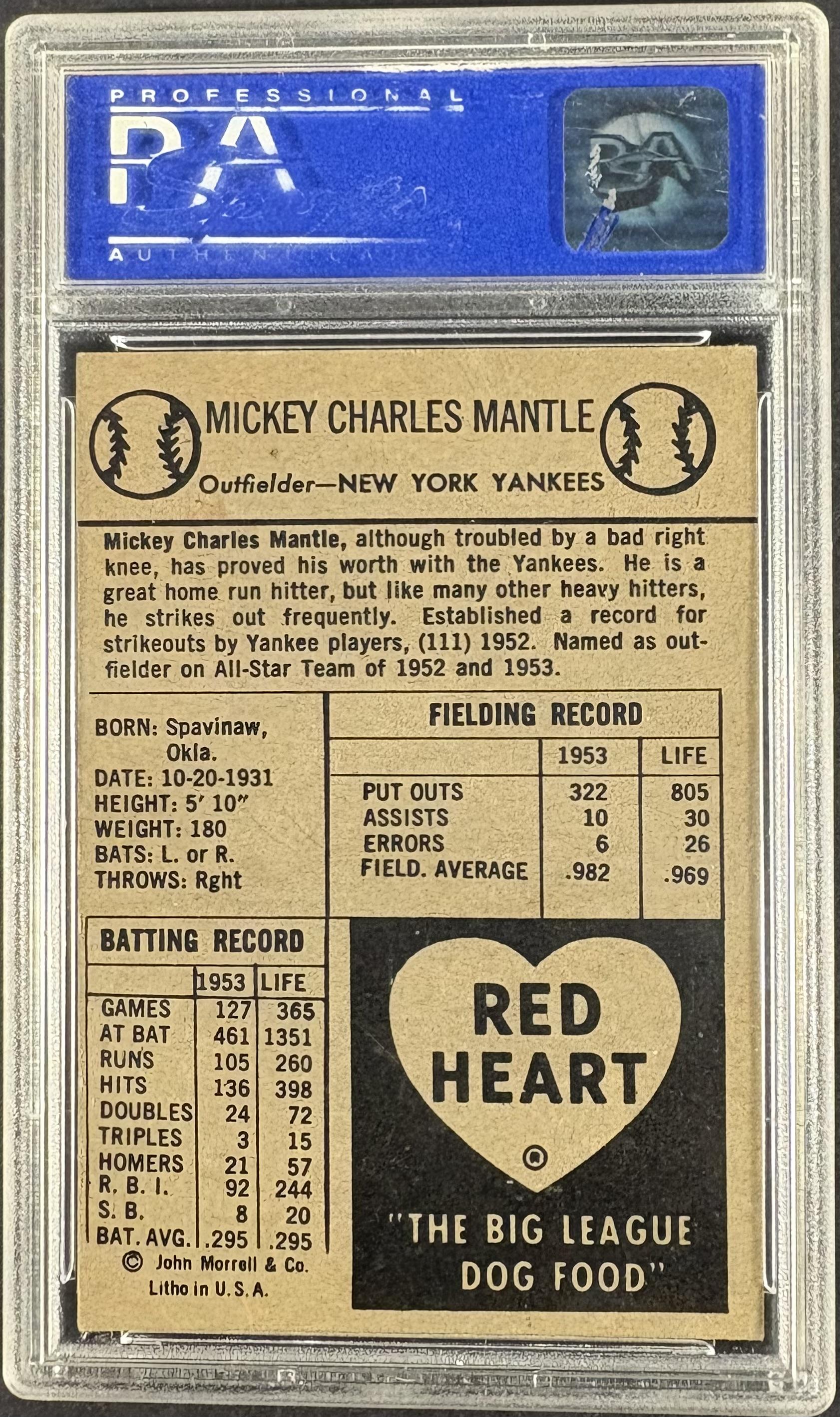 1954 Red Heart Dog Food Mickey Mantle PSA 4 VG-EX SHARP + Nice Color