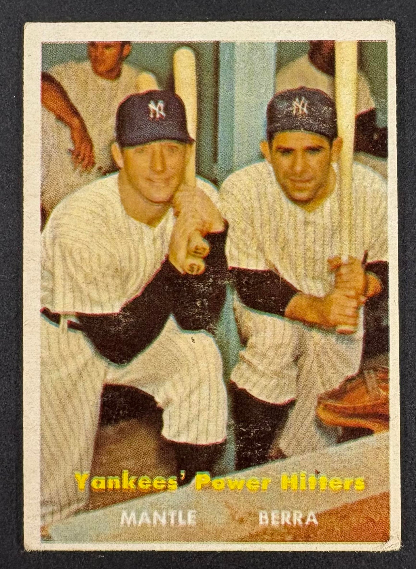 1957 Topps #407 Yankees' Power Hitters Mickey Mantle Yogi Berra CREASE FREE