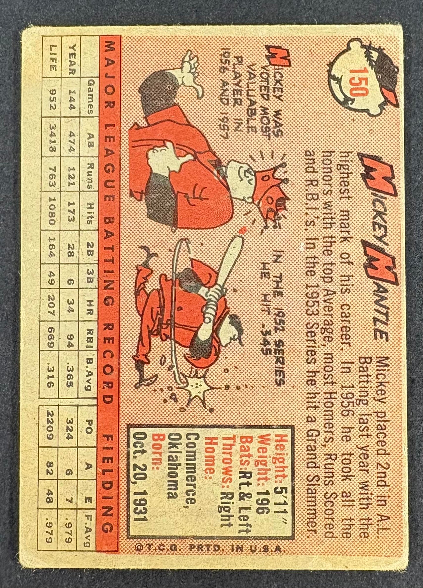 1958 Topps #150 Mickey Mantle Nice Color (wrinkle)