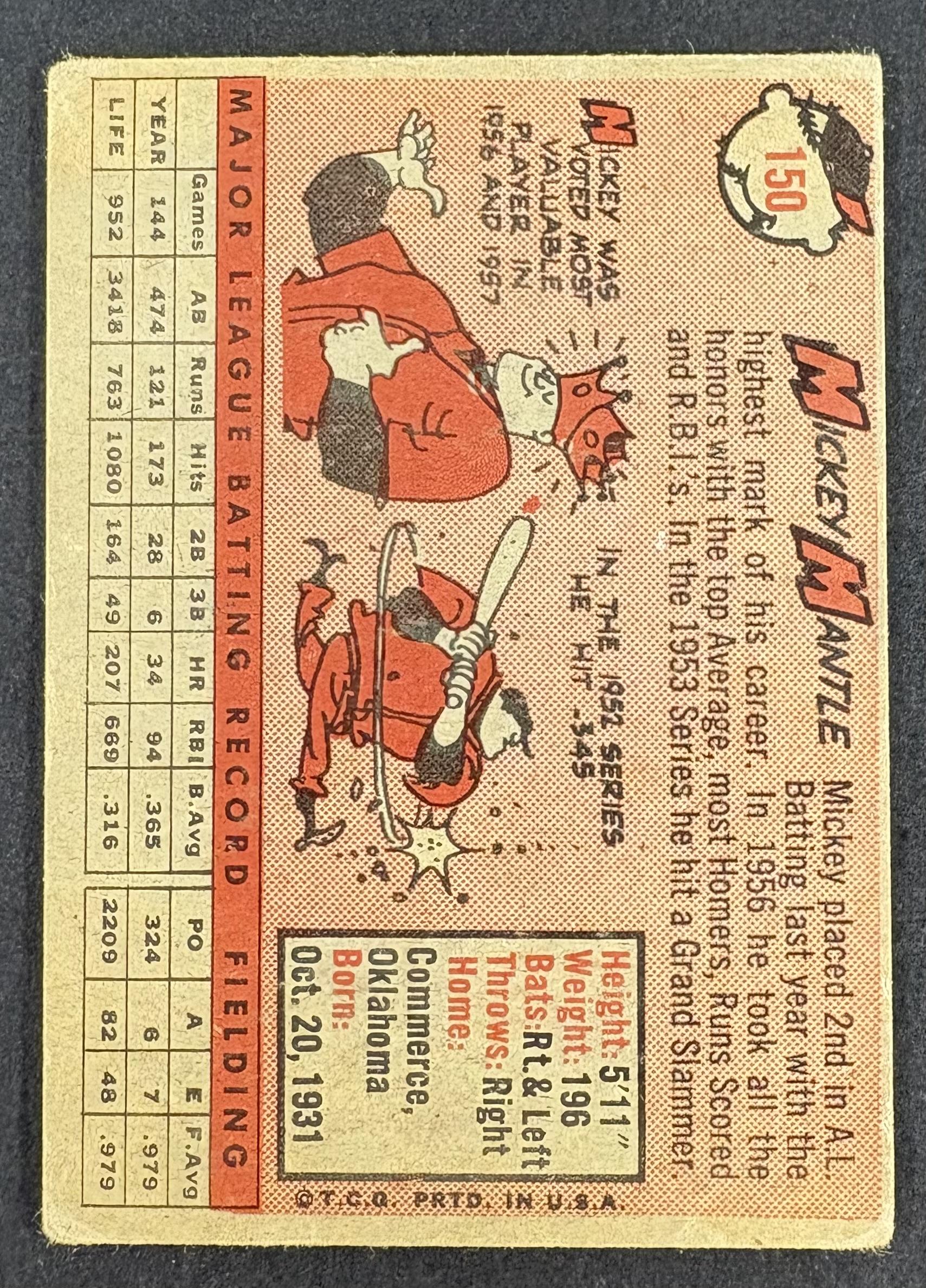 1958 Topps #150 Mickey Mantle Nice Color (wrinkle)
