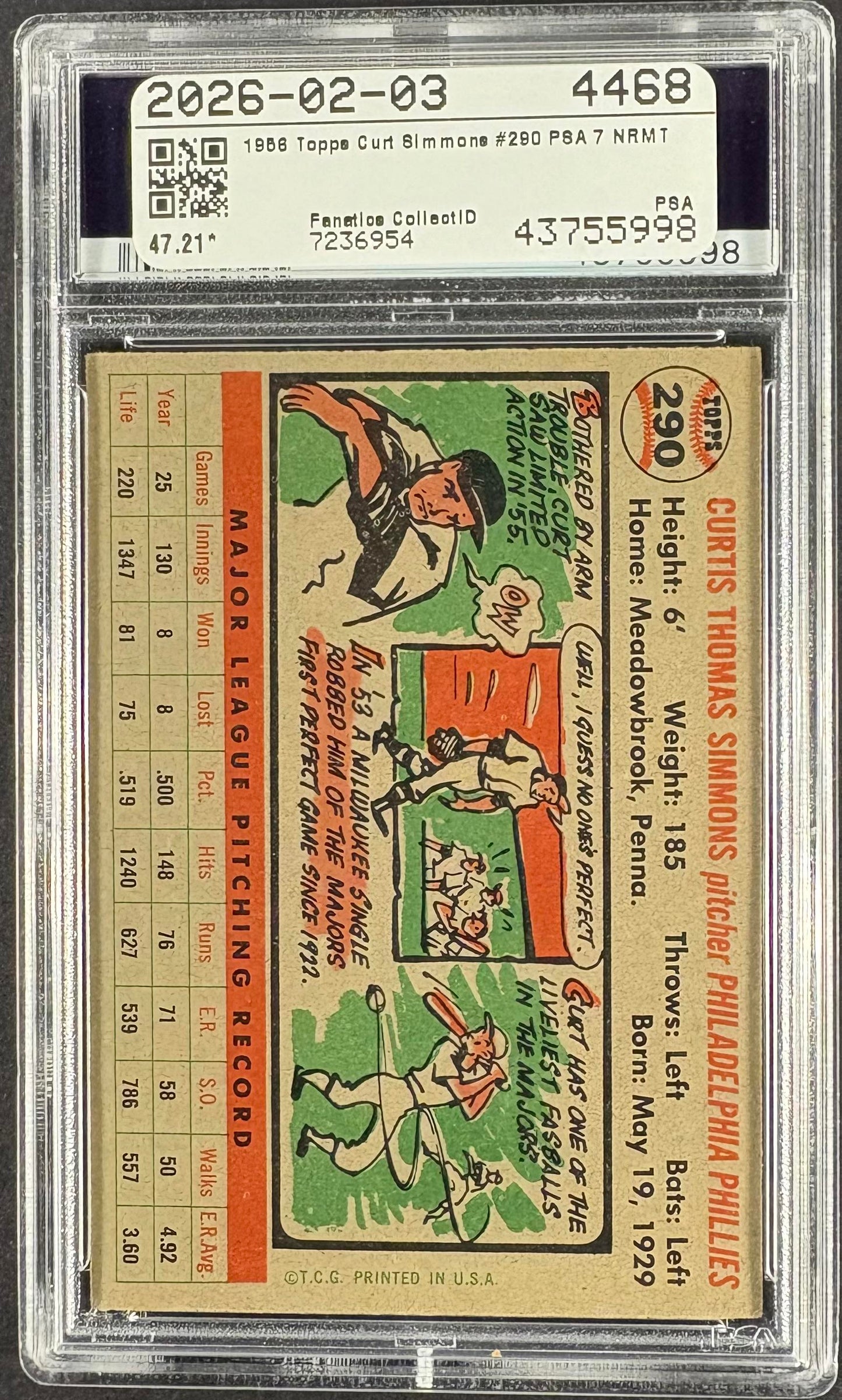 1956 Topps #290 Curt Simmons PSA 7 NM