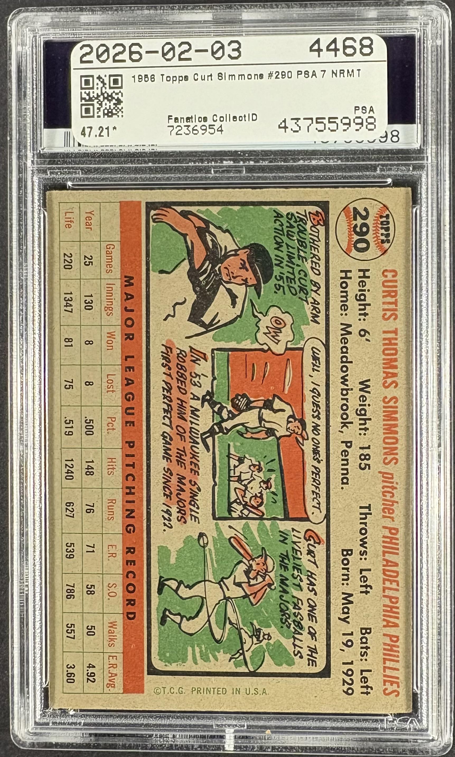 1956 Topps #290 Curt Simmons PSA 7 NM
