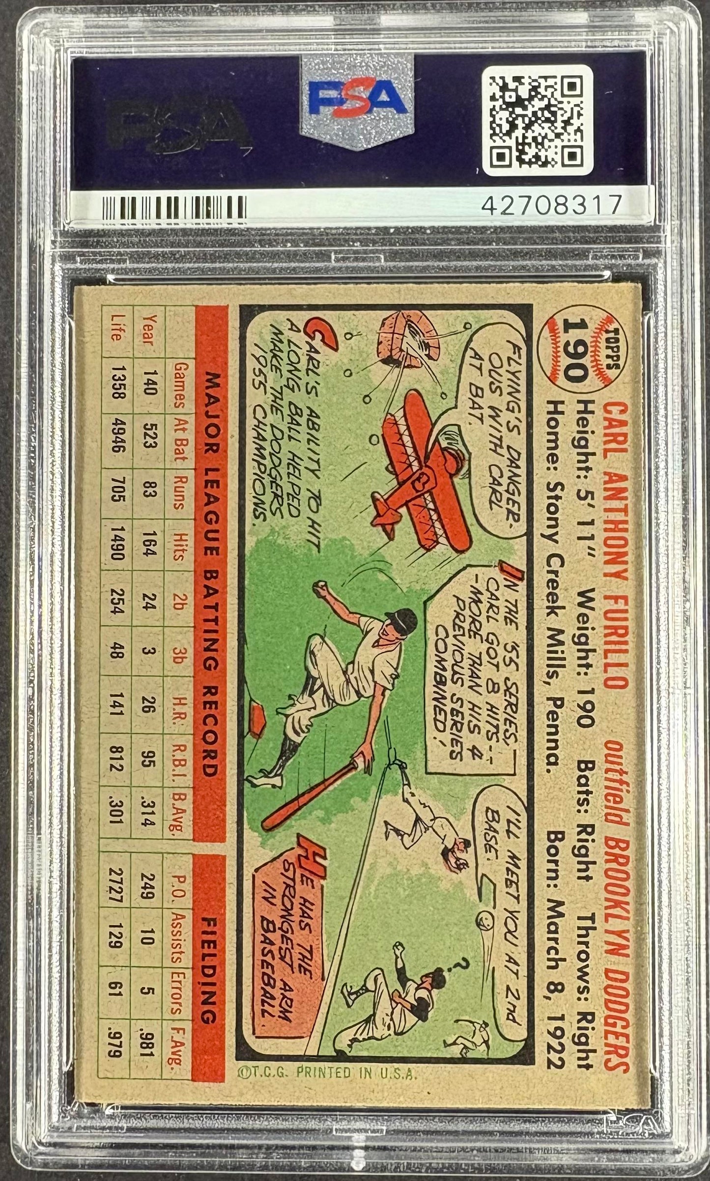 1956 Topps #190 Carl Furillo PSA 7