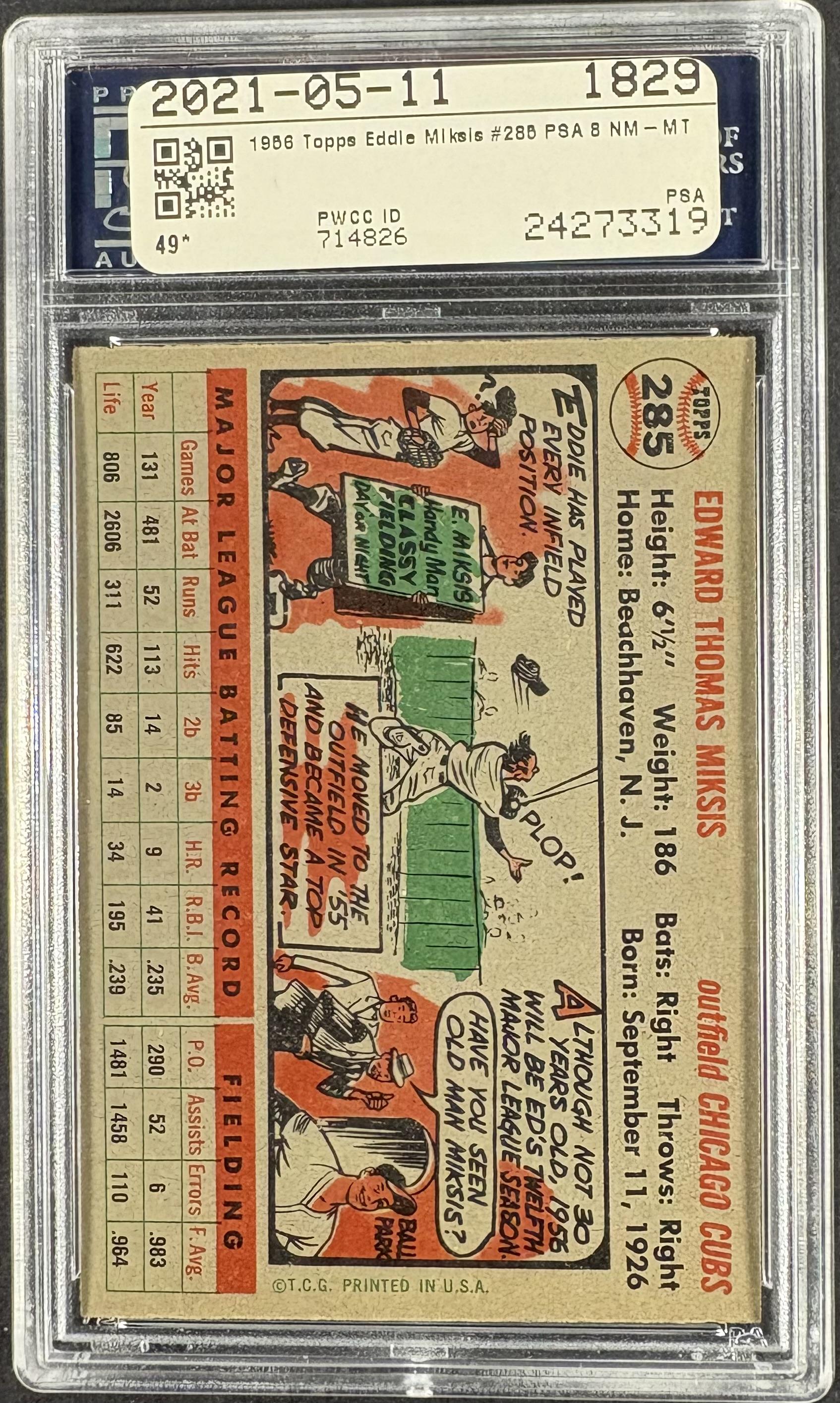 1956 Topps #285 Eddie Miksis PSA 8 NM-MT High Grade
