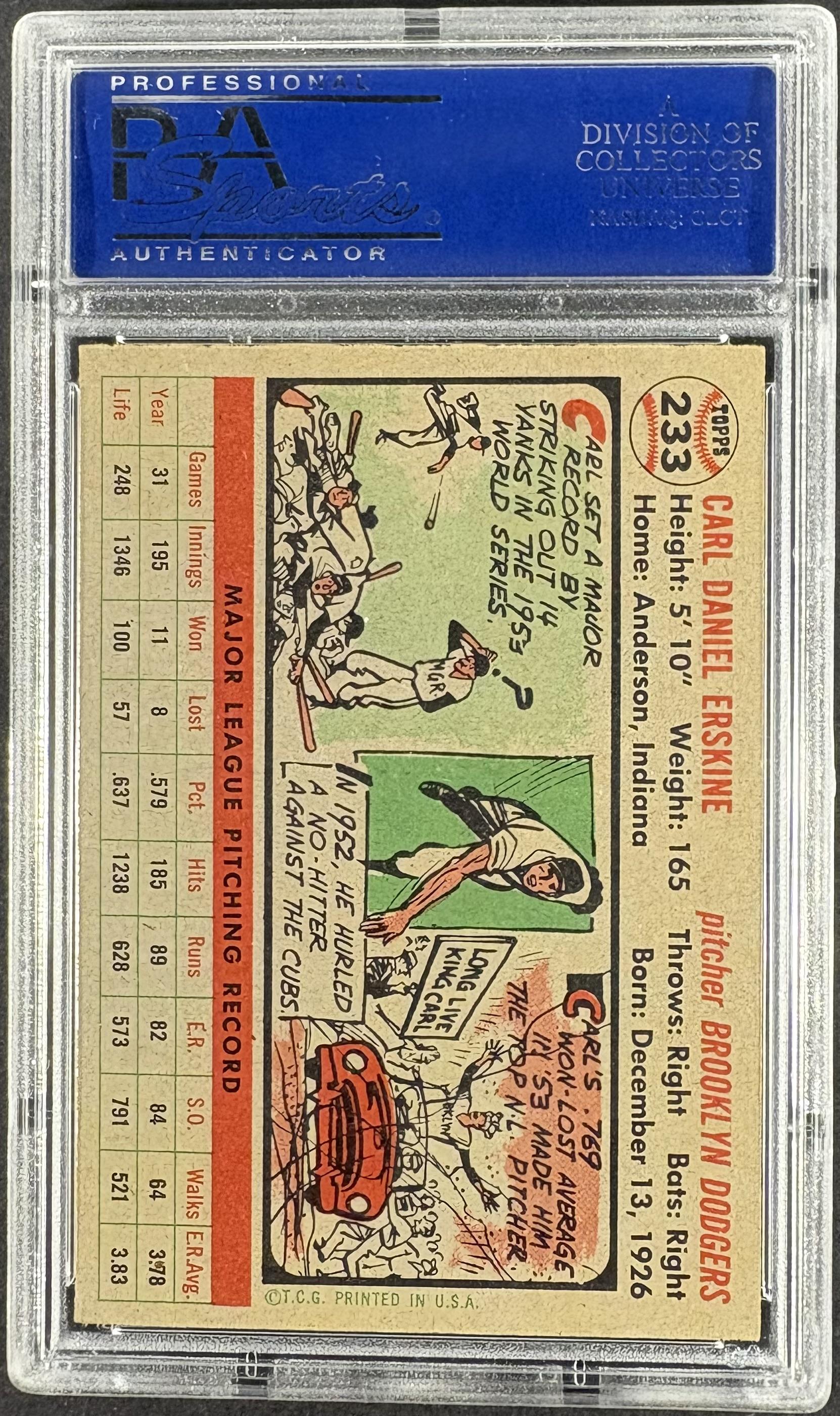 1956 Topps #233 Carl Erskine PSA 8 NM-MT High Grade