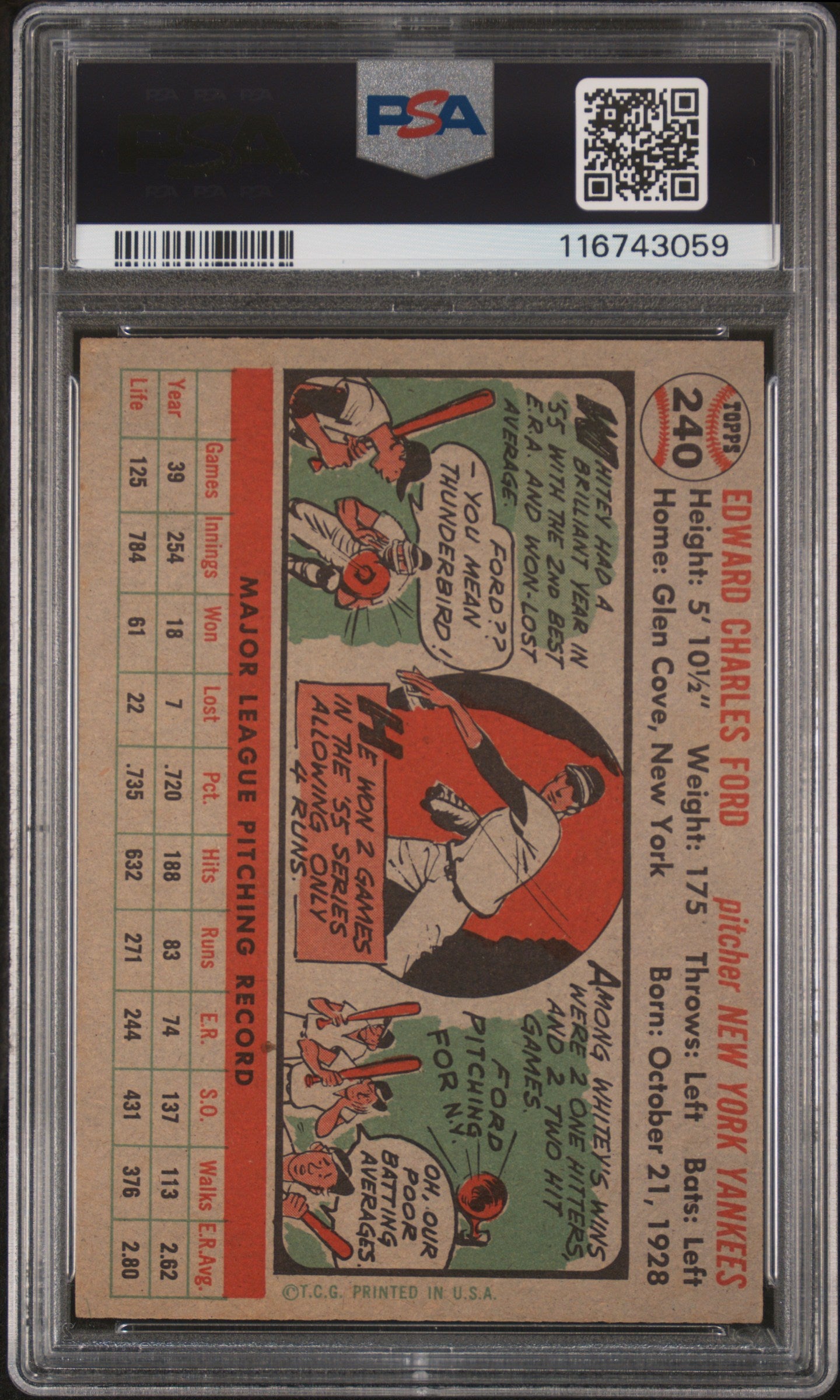 1956 Topps #240 Whitey Ford PSA 7 NM Near Mint New Label