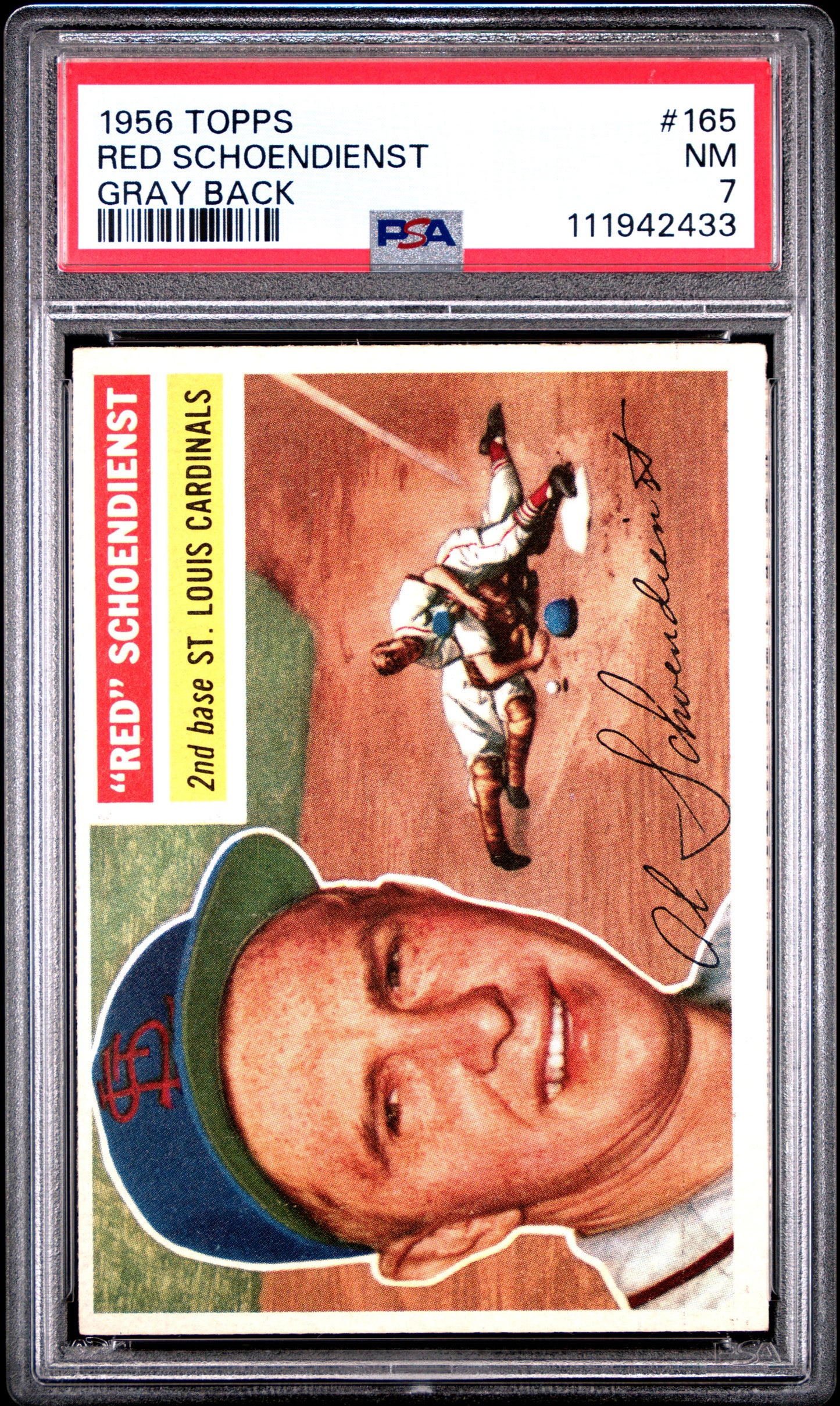 1956 Topps #165 Red Schoendienst Gray Back PSA 7 NM Near Mint New Label