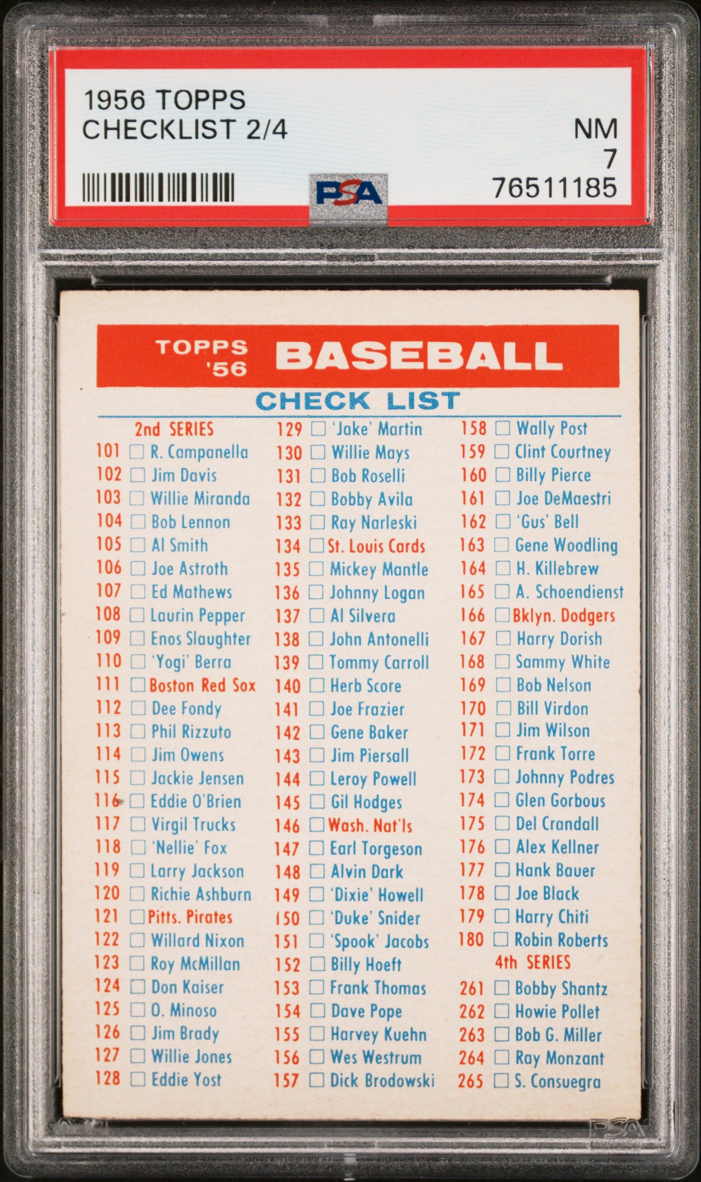 1956 Topps Checklist 2/4 PSA 7 NM Near Mint New Label