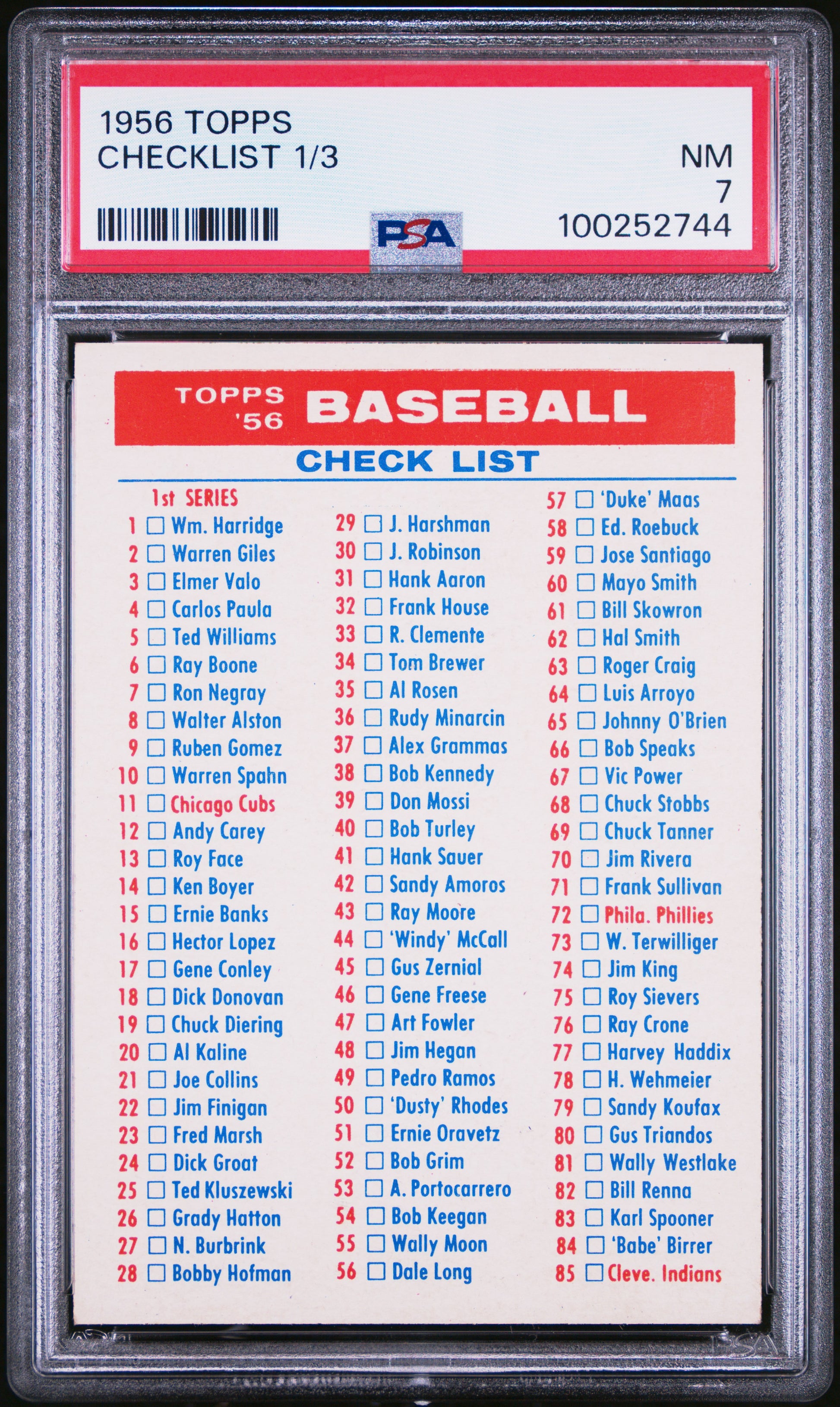 1956 Topps Checklist 1/3 PSA 7 NM Near Mint New Label