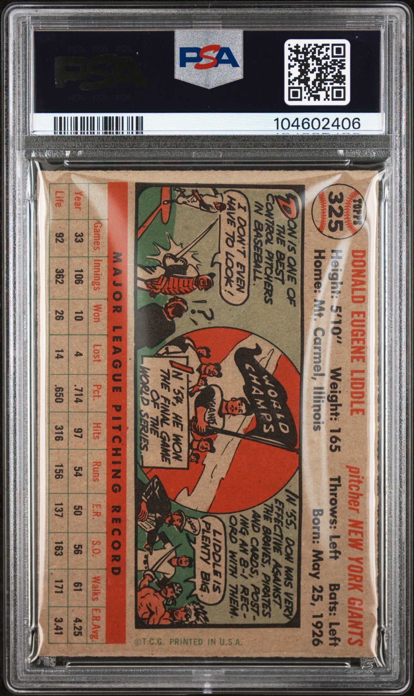 1956 Topps #325 Don Liddle PSA 7 NM Near Mint New Label