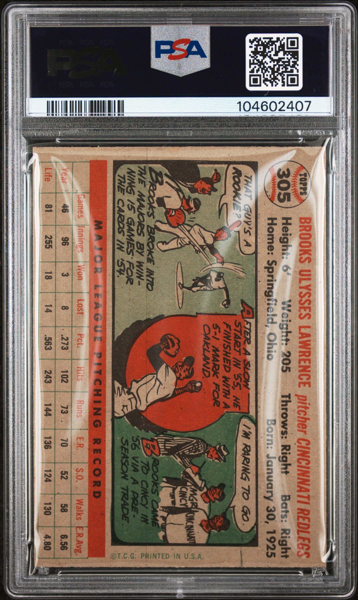 1956 Topps #305 Brooks Lawrence PSA 7 NM Near Mint New Label