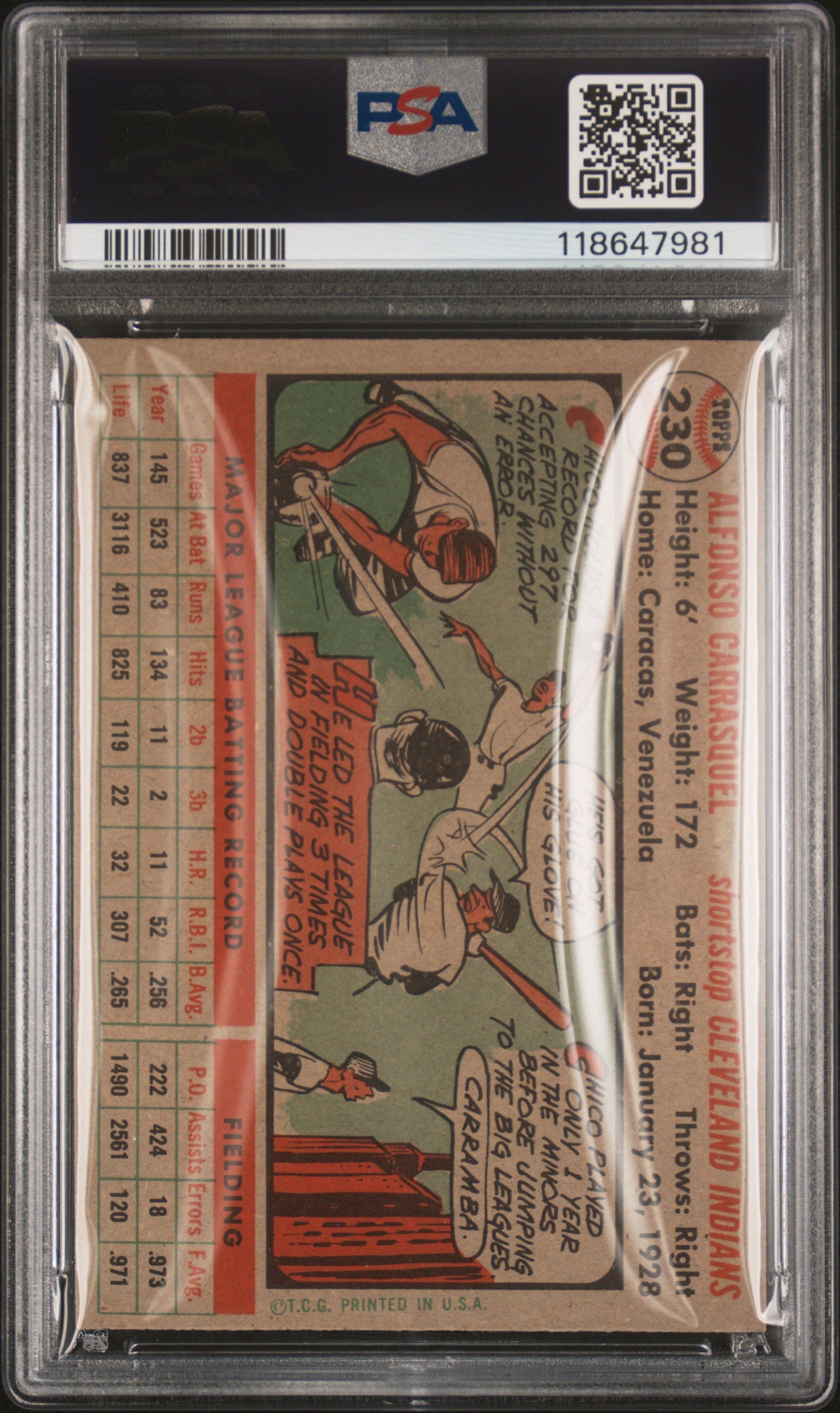 1956 Topps #230 Chico Carrasquel PSA 7 NM Near Mint New Label