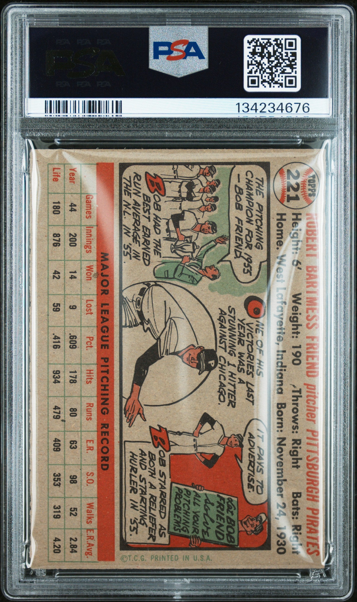 1956 Topps #221 Bob Friend PSA 7 NM Near Mint New Label