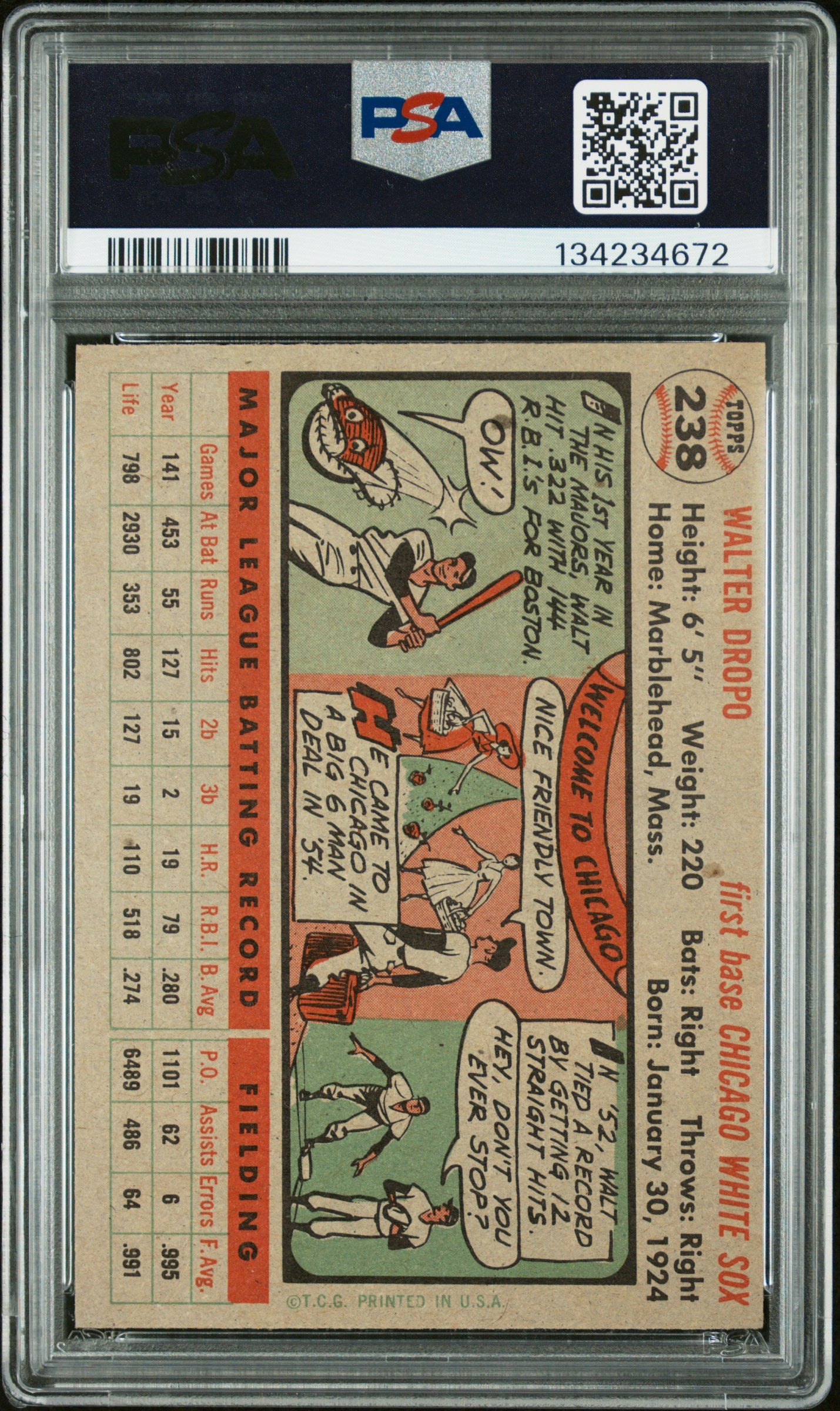 1956 Topps #238 Walt Dropo PSA 7 NM Near Mint New Label