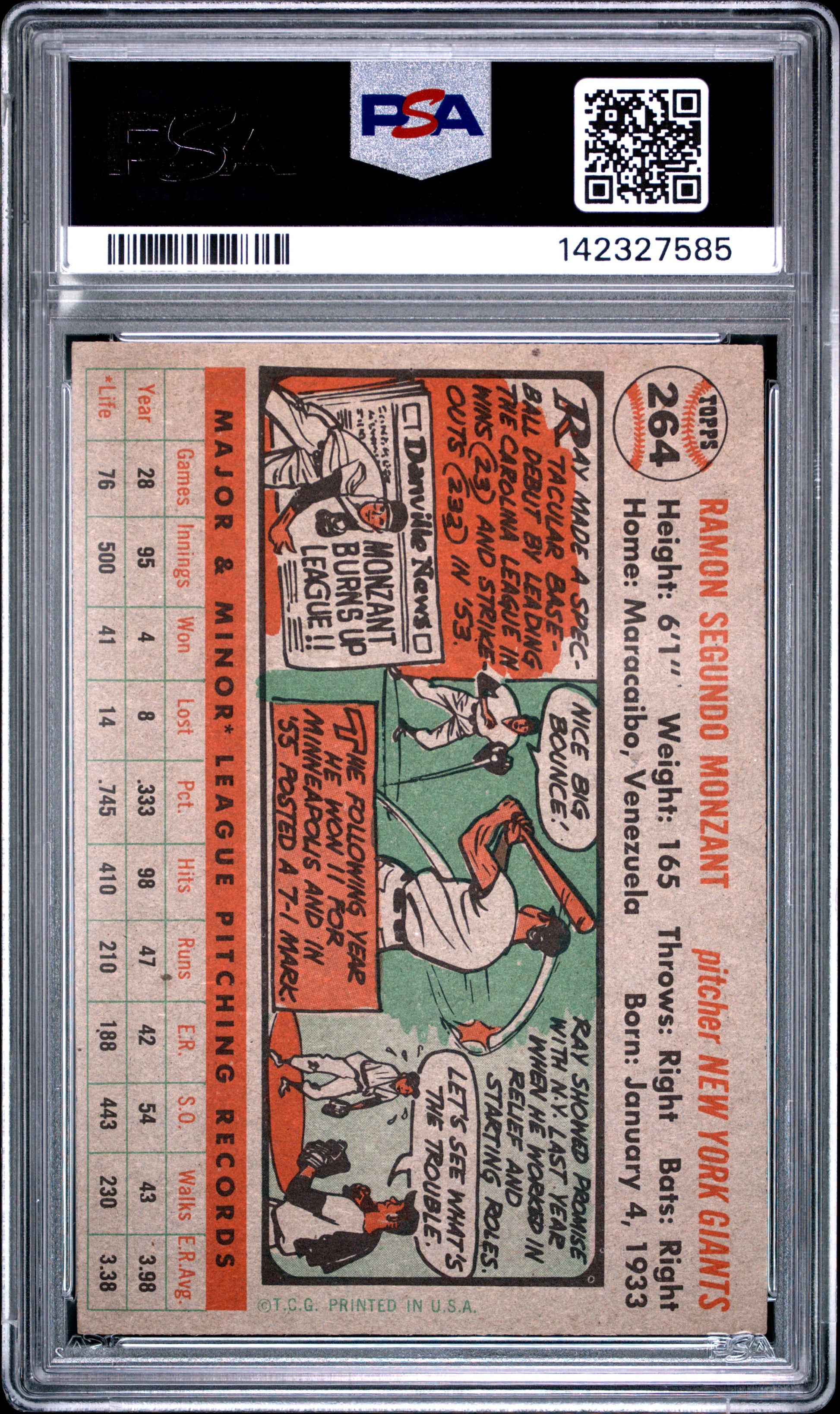 1956 Topps #264 Ray Monzant PSA 7 NM Near Mint New Label