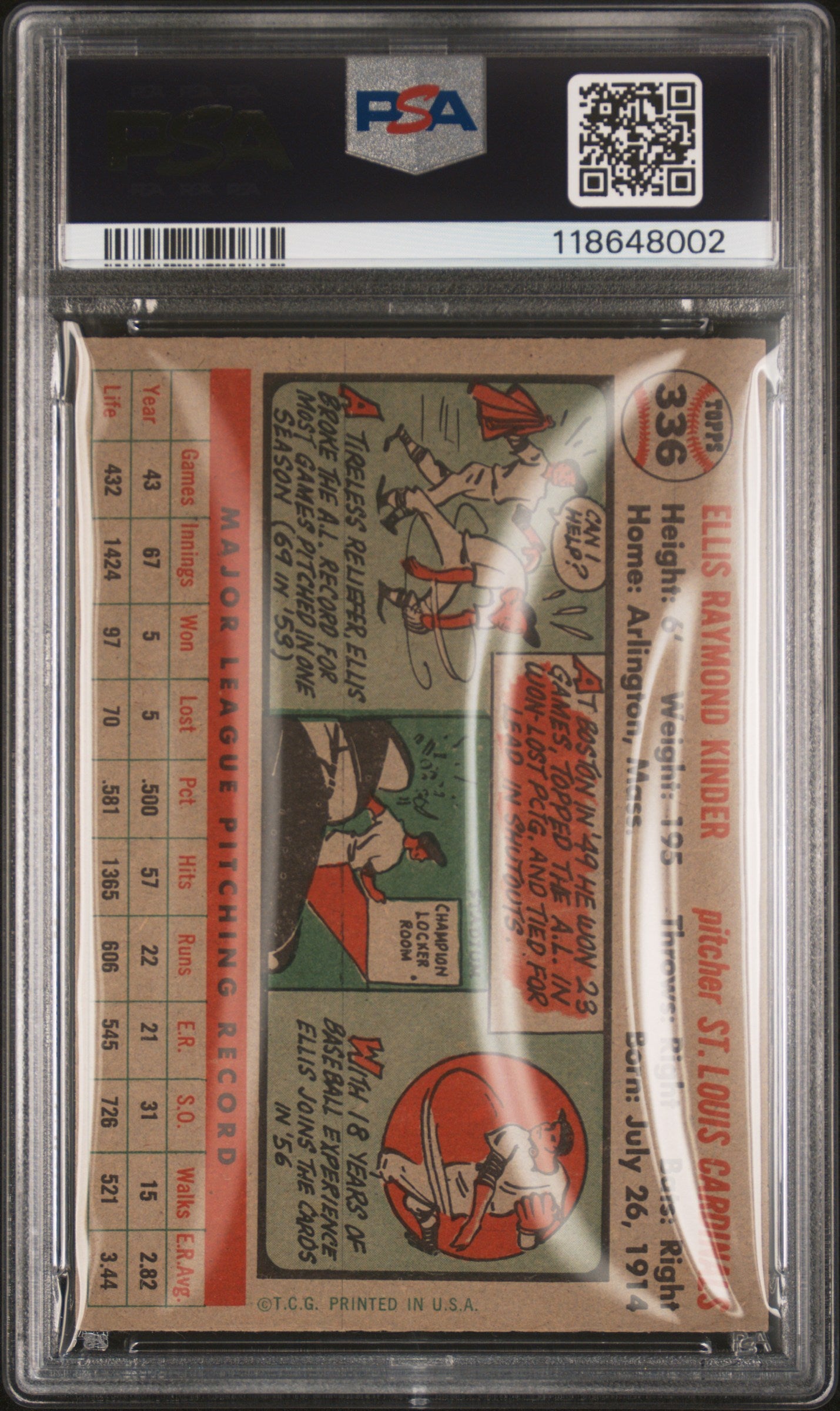 1956 Topps #336 Ellis Kinder PSA 7 NM Near Mint New Label