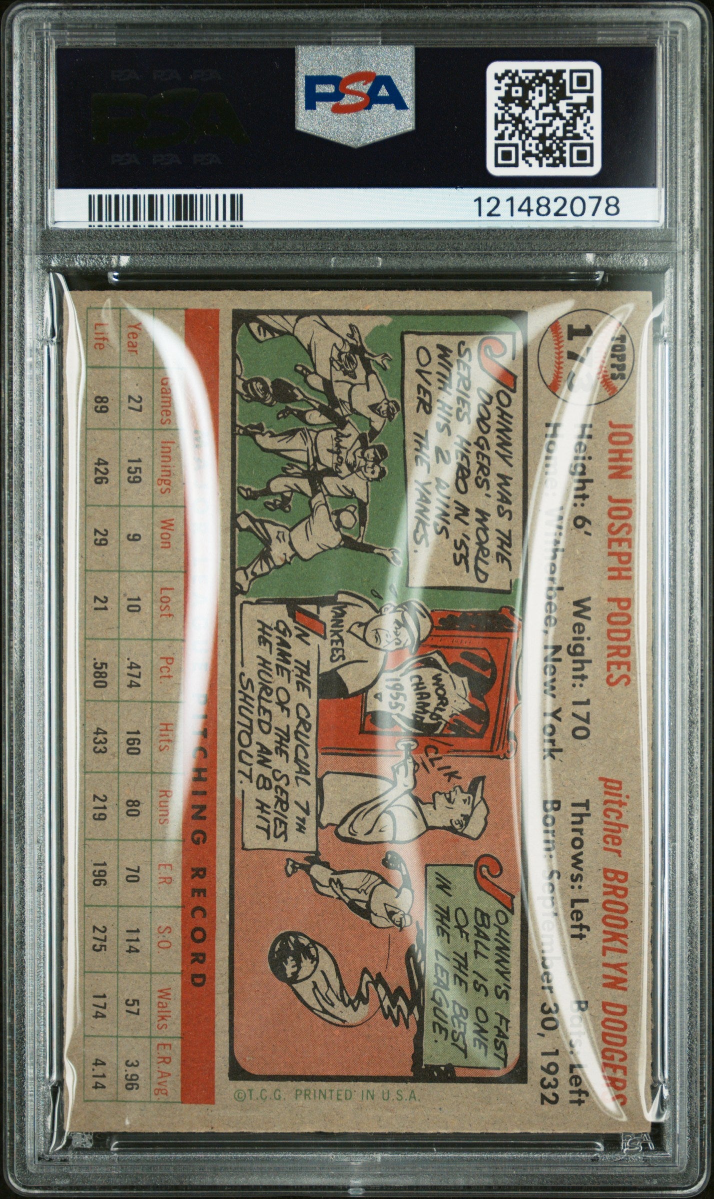 1956 Topps #173 Johnny Podres Gray Back PSA 5 EX New Label