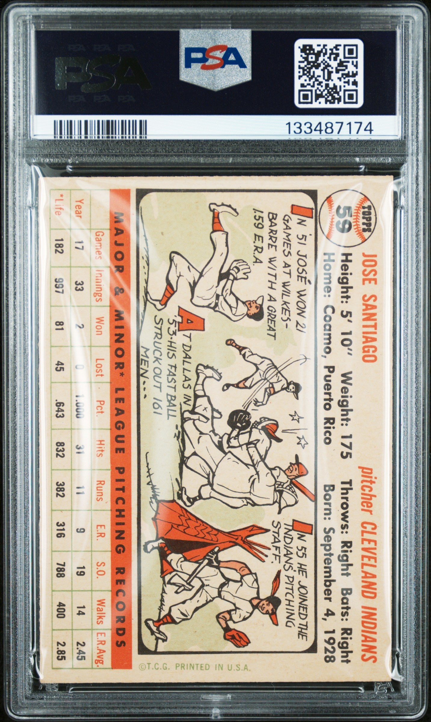 1956 Topps #59 Jose Santiago White Back PSA 8 NM-MT High Grade New Label