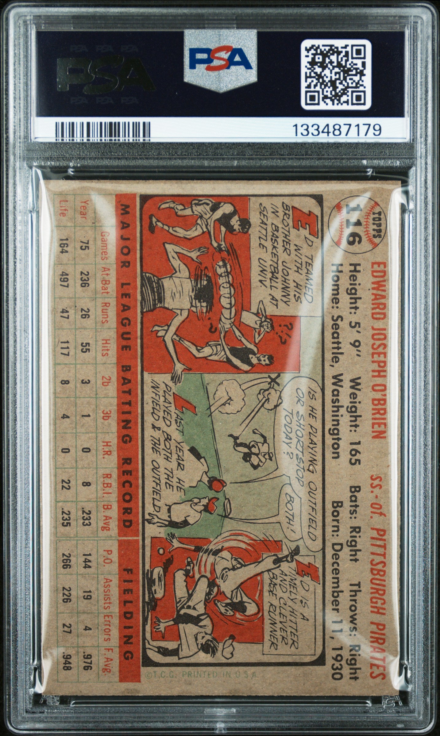1956 Topps #116 Eddie O'Brien Gray Back PSA 8 NM-MT High Grade New Label