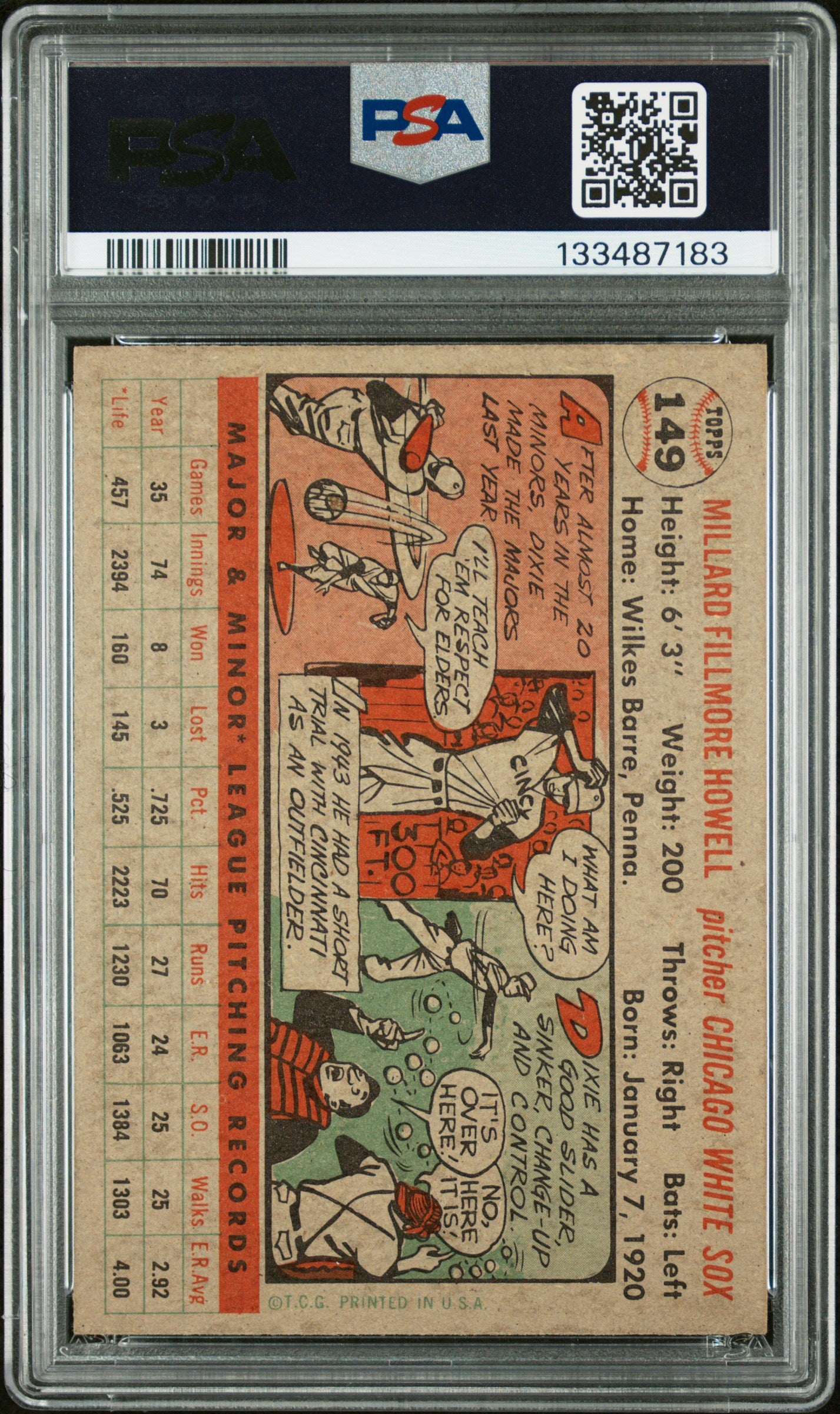 1956 Topps #149 Dixie Howell Gray Back PSA 8 NM-MT High Grade New Label
