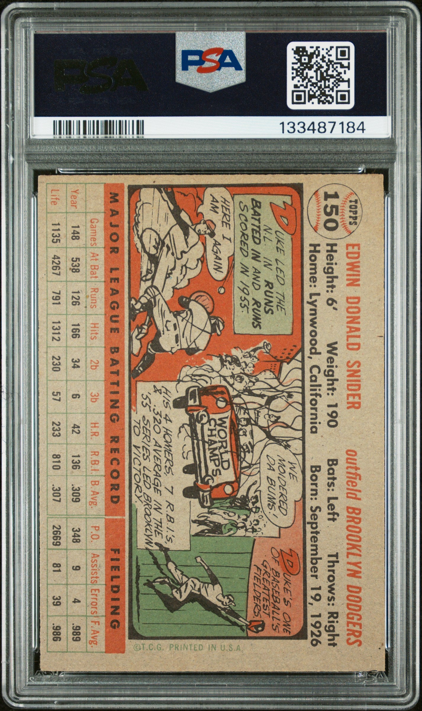 1956 Topps #150 Duke Snider Gray Back PSA 6 EX-MT New Label