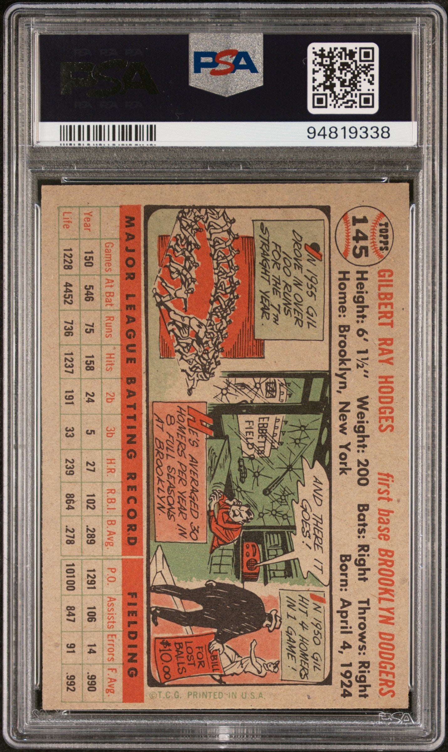 1956 Topps #145 Gil Hodges Gray Back PSA 6 EX-MT New Label