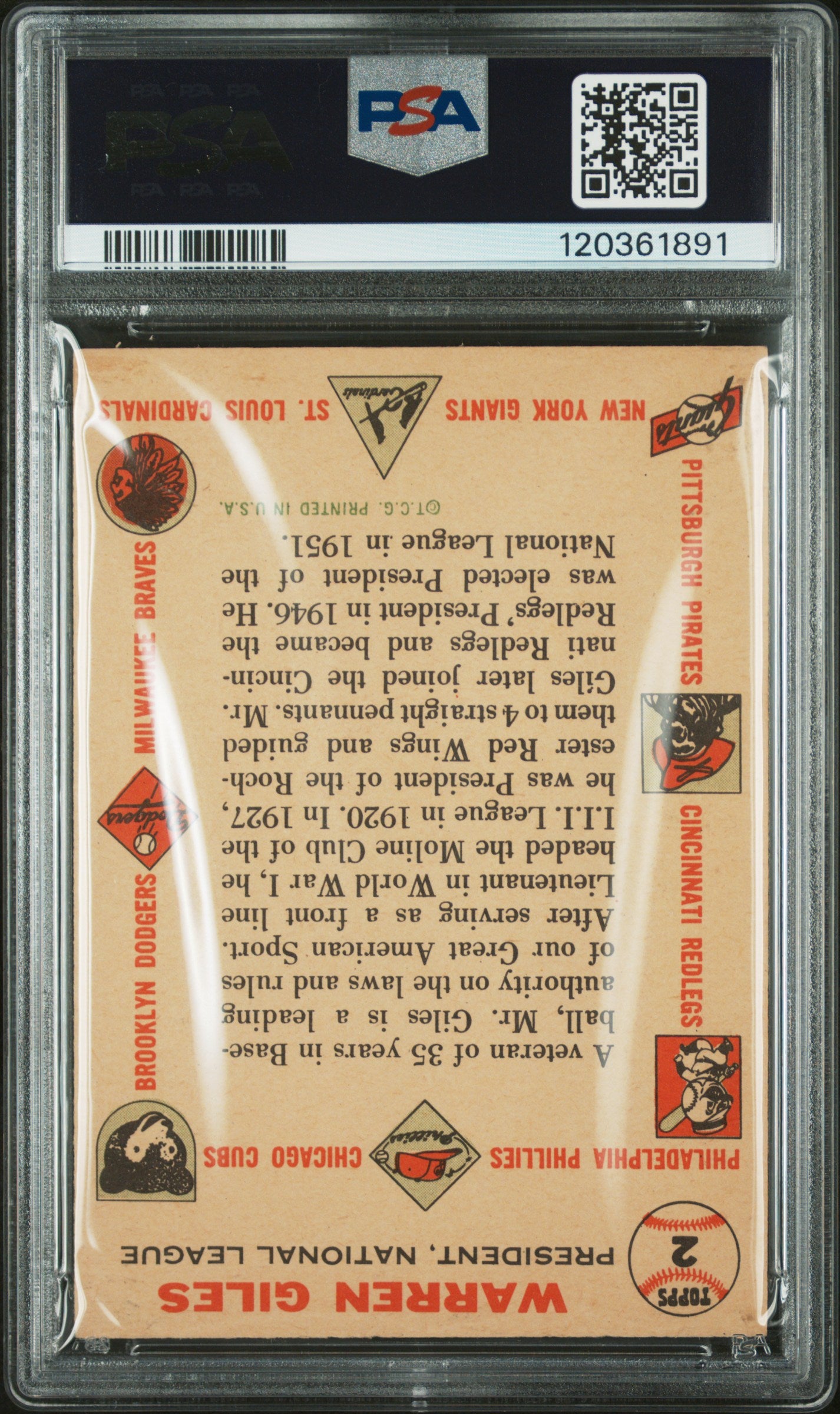 1956 Topps #2 Warren Giles White Back PSA 7 NM Near Mint New Label