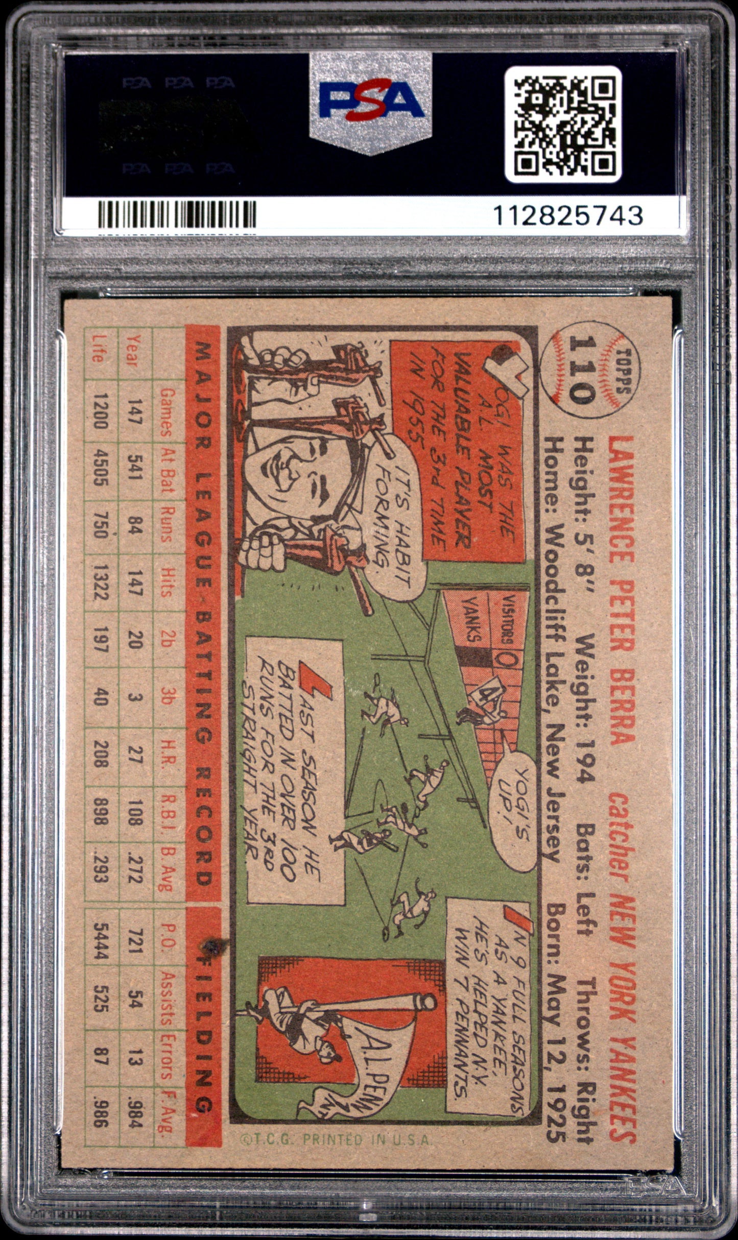 1956 Topps #110 Yogi Berra Gray Back PSA 7 NM Well Centered New Label