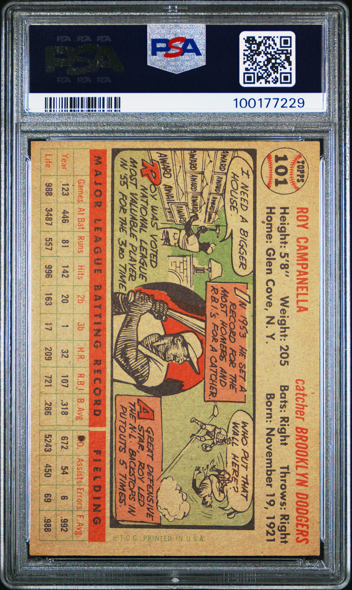 1956 Topps #101 Roy Campanella Gray Back PSA 6 EX-MT New Label