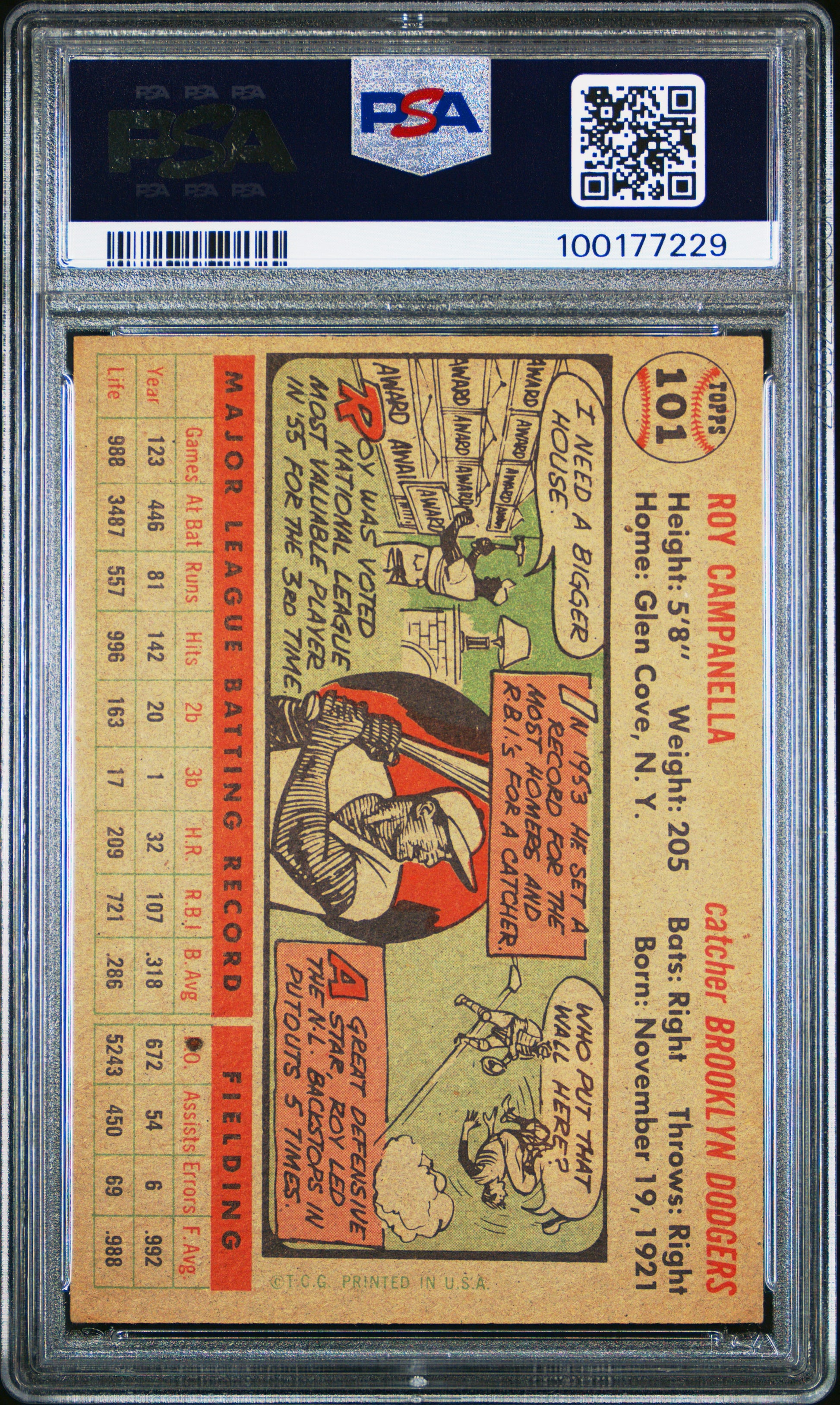 1956 Topps #101 Roy Campanella Gray Back PSA 6 EX-MT New Label