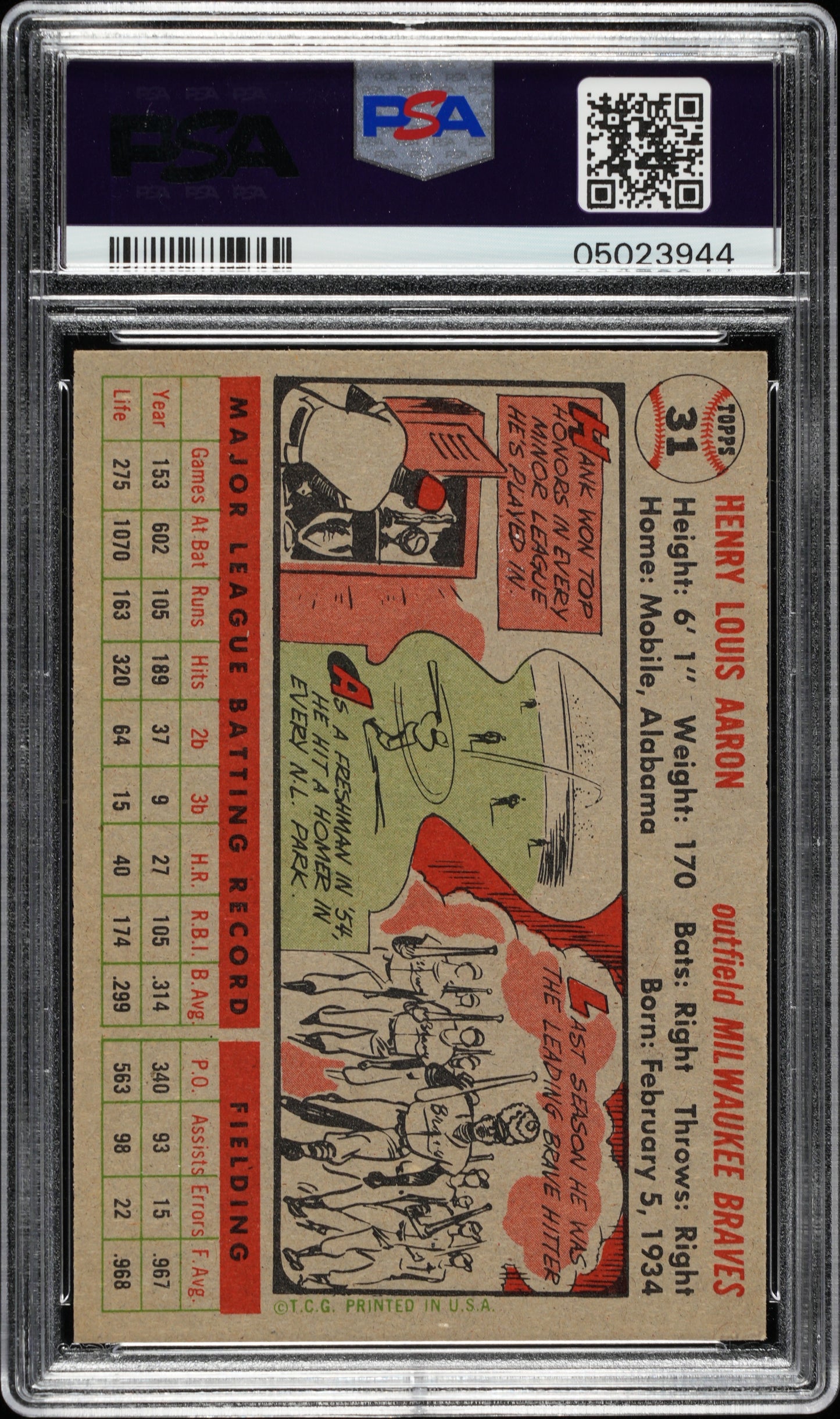 1956 Topps #31 Hank Aaron White Back PSA 8 NM-MT High Grade Nice Eye Appeal