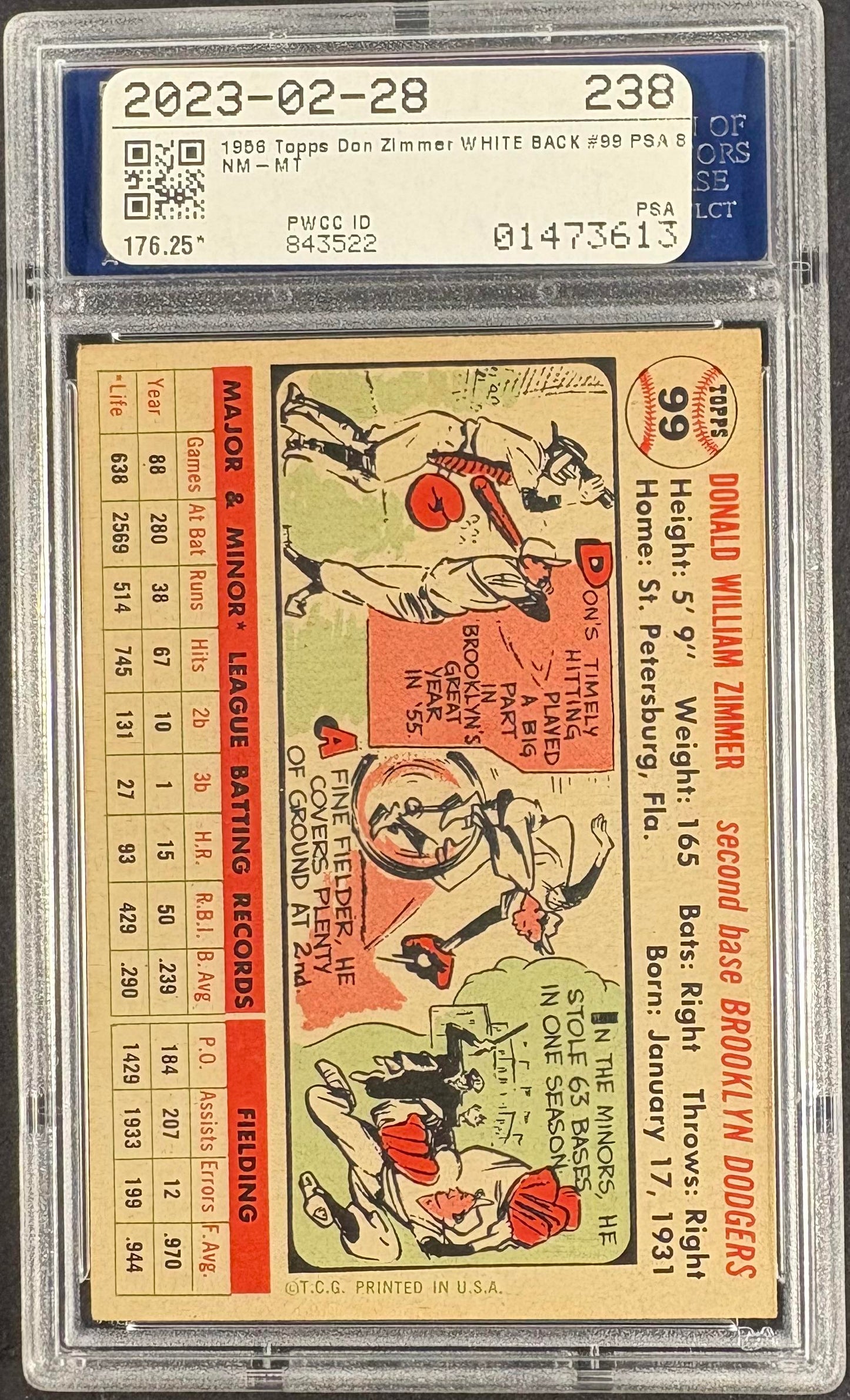 1956 Topps #99 Don Zimmer PSA 8 NM-MT High Grade CENTERED