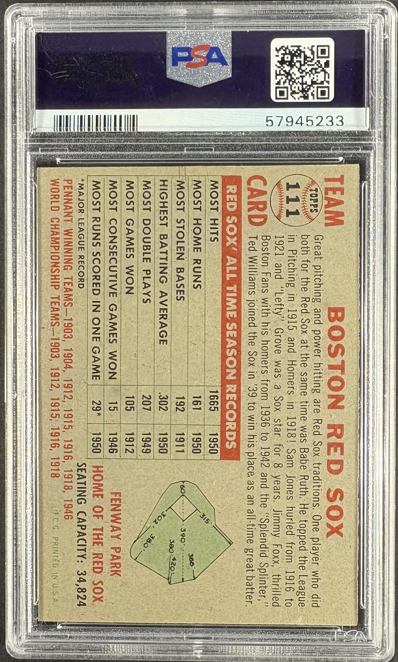 1956 Topps #111b Boston Red Sox Team Card PSA 7 NM Near Mint