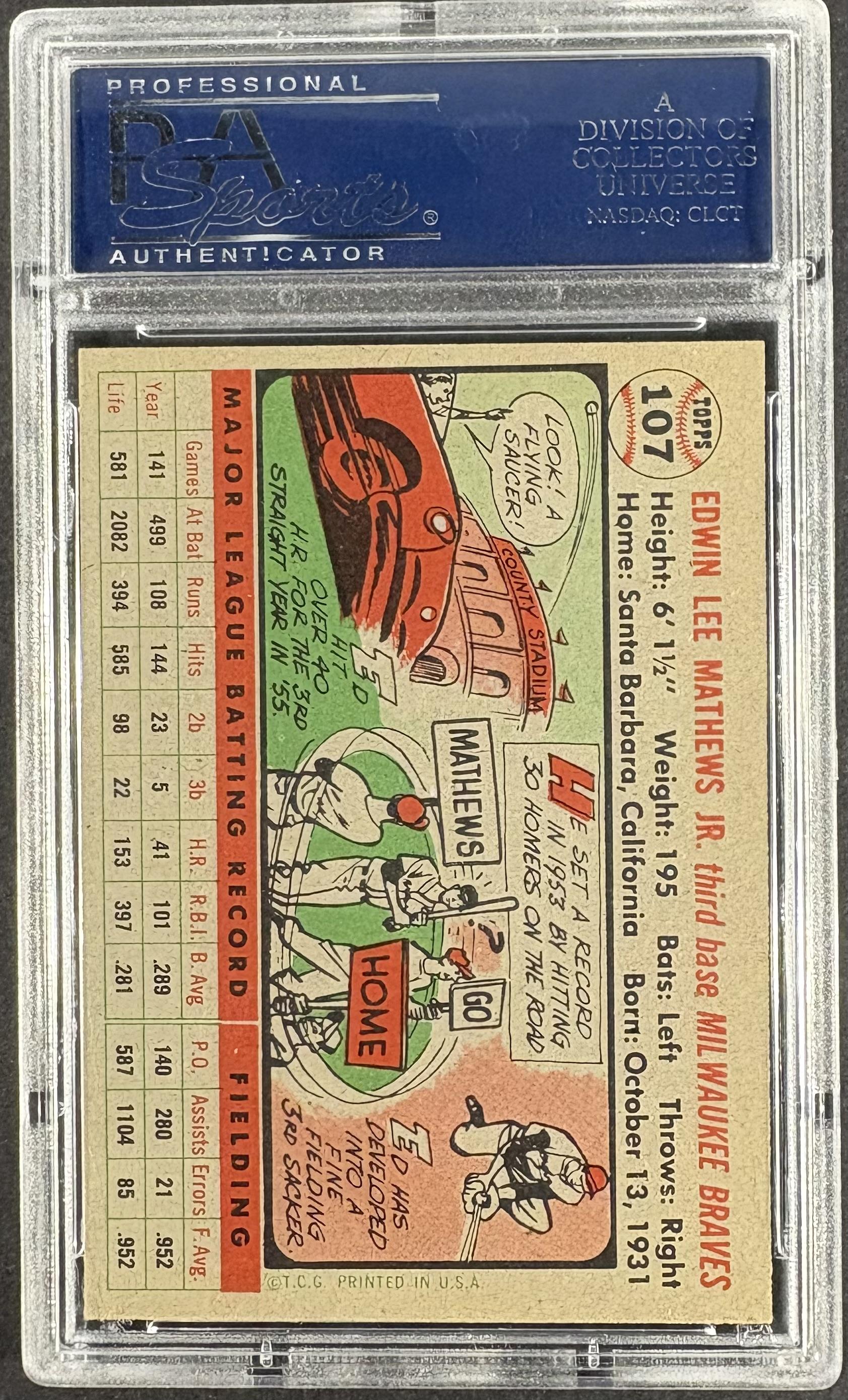 1956 Topps #107 Eddie Ed Mathews Gray Back PSA 7 NM Near Mint